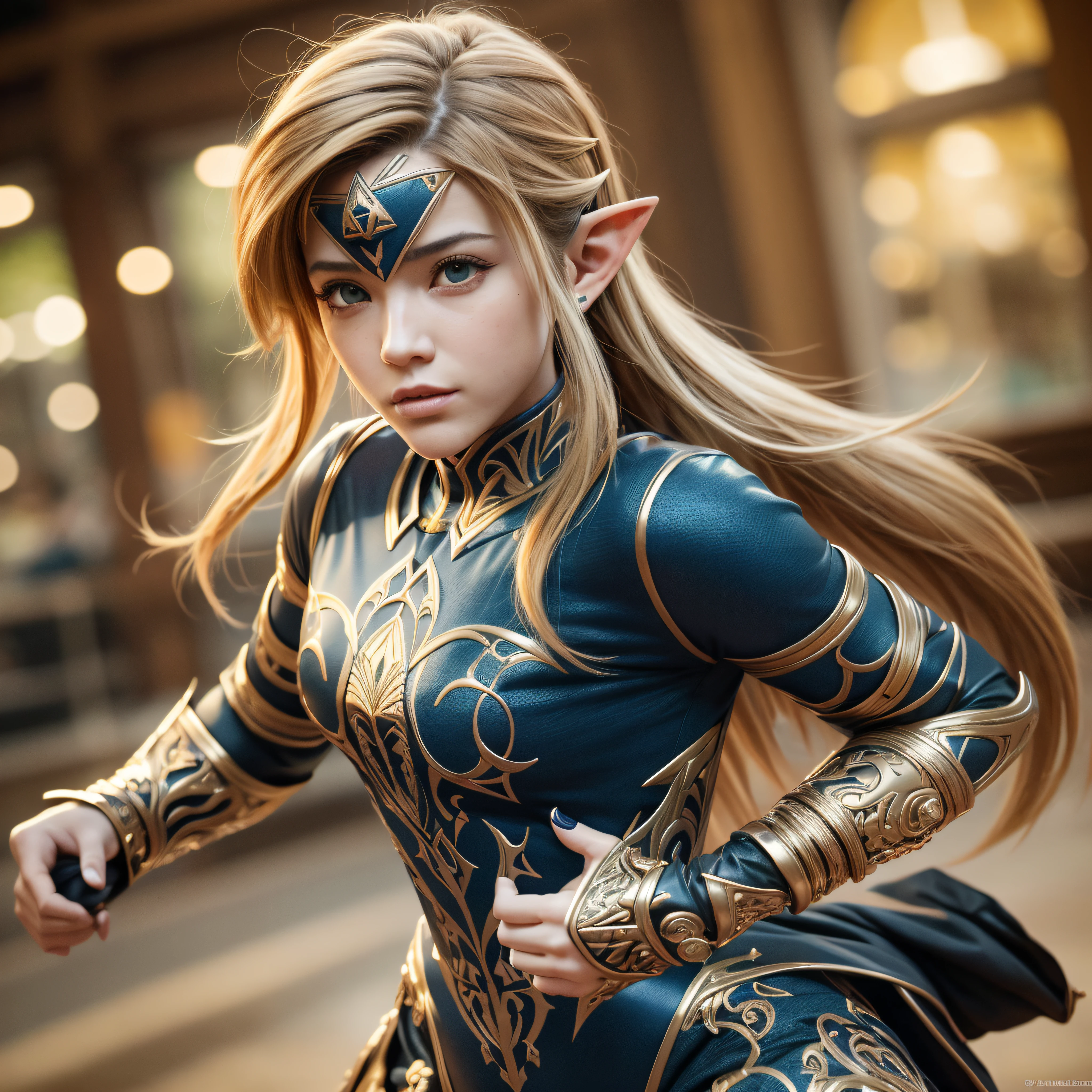 Link de the legend of zelda em roupa azul e bege segurando em poses de combate como em street fighter, Zelda, Retrato de Zelda, de lenda de Zelda, Link da lenda de Zelda, link do Zelda, Fotos cosplay, Cosplay ornamentado, Cosplay profissional, Cosplay, Cosplay Completo, Artgerm Moody Fotografia, Campos Hyrule, ray-traced, 3D-rendering, extremanente detalhado, alta qualidade, luz e sombra realistas, cabelos loiros, eye reflection, sorriso leve, ray tracing, ray tracing, High detail, Realismo, hiper-realismo, profundidade de campo, Cinematic lighting, desfoque de movimento, brilho, luz brilhante, raios de deus, ray tracing, reflection light, Afterimage, Multiple views, Reflexo da lente, Bokeh, 4k, UHD, master part, anatomicamente correto, pele texturizada, super detalhe, alta qualidade, melhor qualidade, 8k