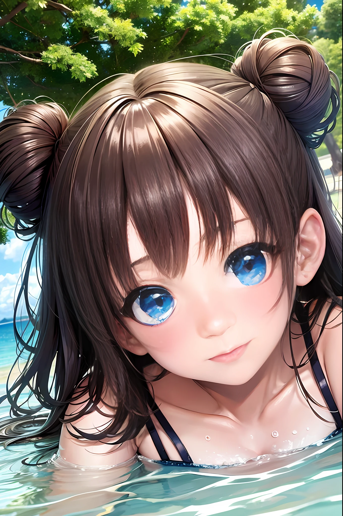 Pretty girl yes, kawaii, ayumi_yoshida, blue eyess, shairband, bangss, shorth hair, brown haired, ssmile, the beach、swim ring