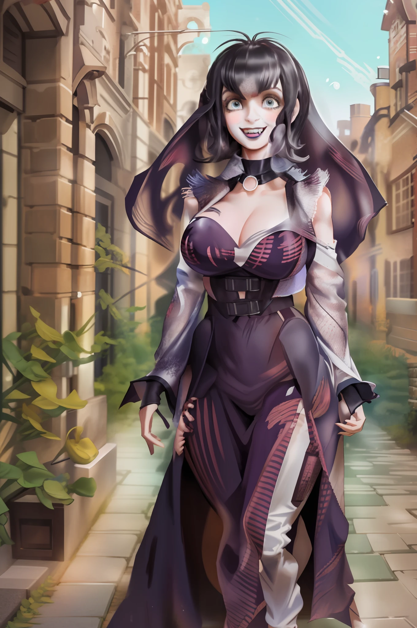 Mavis_dracula, full body, pantyhose, huge breast, pants, goth, long dress, black hair, flip flips, smile, long robe, skirt, victorian clothing, pants, vest, long skirt