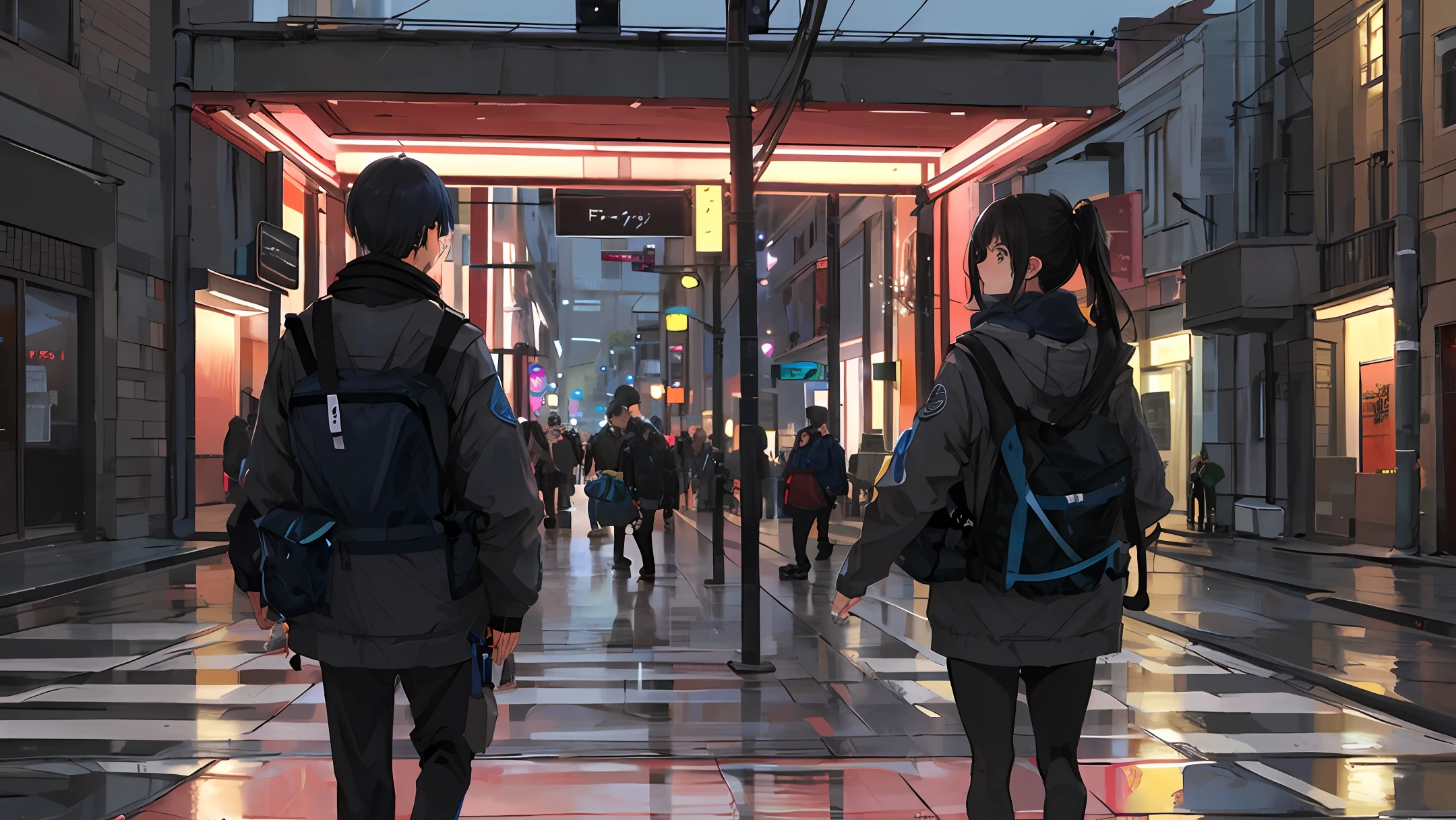 a female and a male, stand and back on to each other, lonely, one side is full of light, one side is dark, rainny, on the street, poddle of water on the road, reflecting, polar opposites, symmetry, panorama, perspective, ray tracing, reflection light, depth of field, masterpiece, best quality, high details, high quality, textured skin, ccurate, UHD, HD