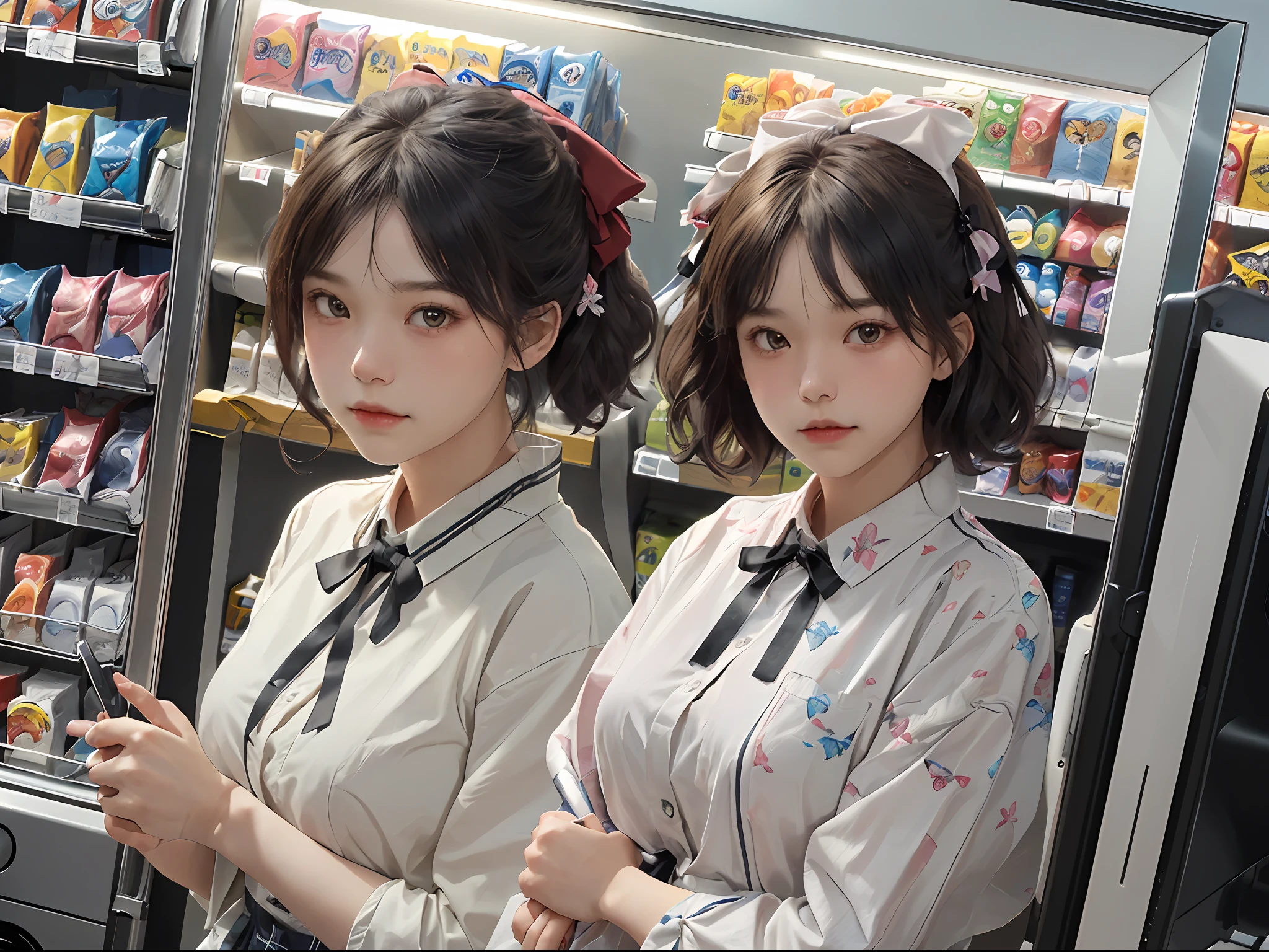 top-quality、​masterpiece、超A high resolution、(Photorealsitic:1.4)、1girl in、Convenience store clerk、enticing、looking in camera、(((shorth hair)))、(((Large ribbon)))、((Ribbon like a butterfly))、Inside a convenience store