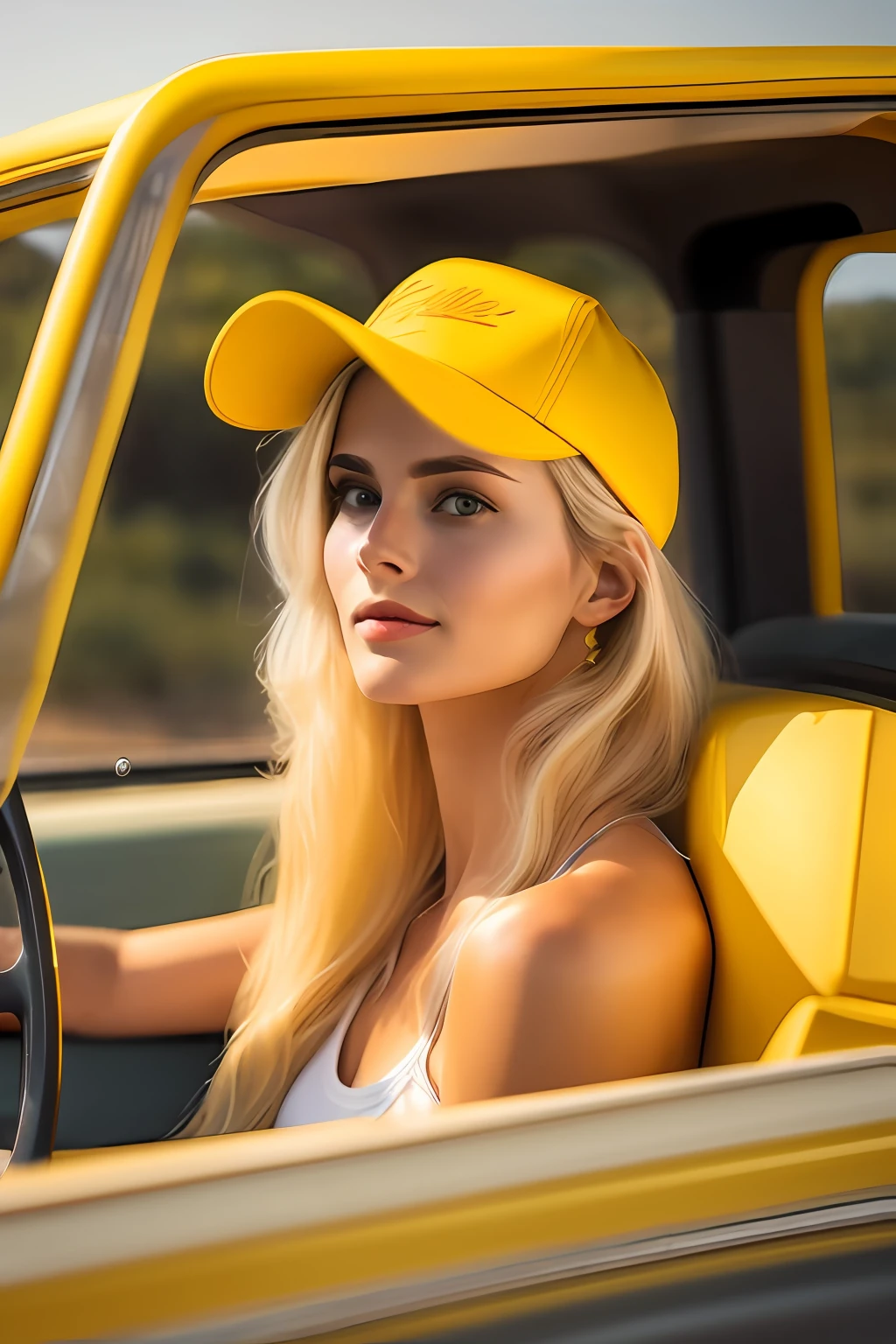 blonde woman, wearing yellow cap, in a truck, woman at the wheel, driving, yellow woman, beautiful woman, high quality photo, high quality portrait portrait, Instagram model, beautiful female model, looking at viewer, ultra HD realistic