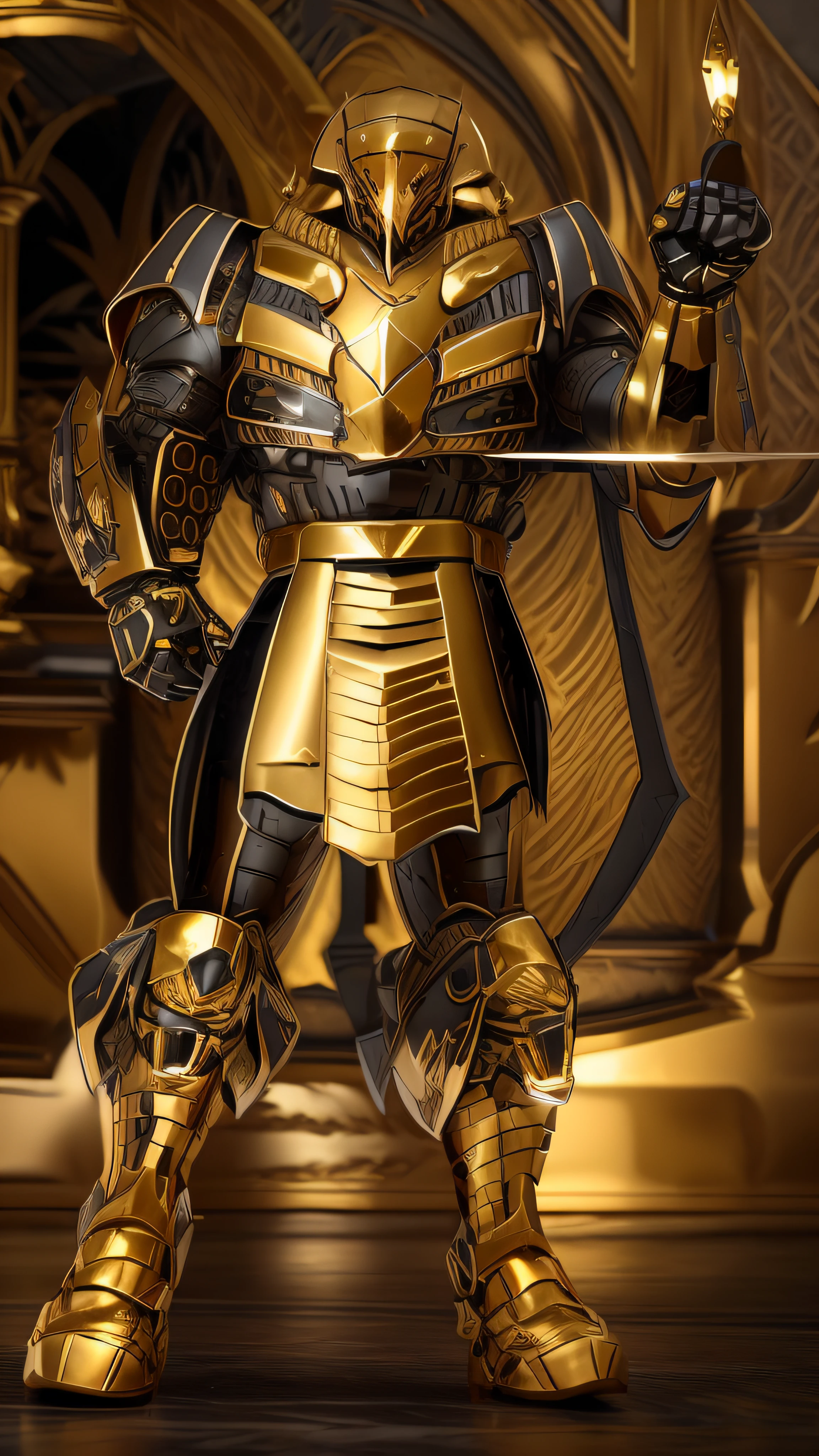 A closeup of a golden robot with a sword in hand, Armadura obsidiana de ouro pesado, armadura pesada de ouro. Dramatic, luz saindo da armadura, Armadura Obsidiana de Ouro, estilo fantasia 8 k octane render, armadura dourada vestindo, armadura dourada pesada, Armadura dourada de Paladin, Armadura Dourada, Armadura dourada, epic paladin armor, photogenic details on armor