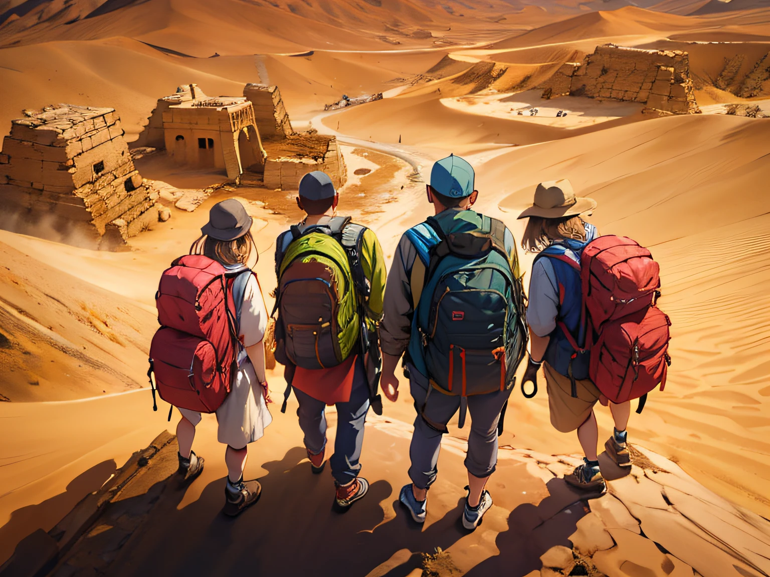 explore,Four people,Desert ancient city,backpacks,looking from above