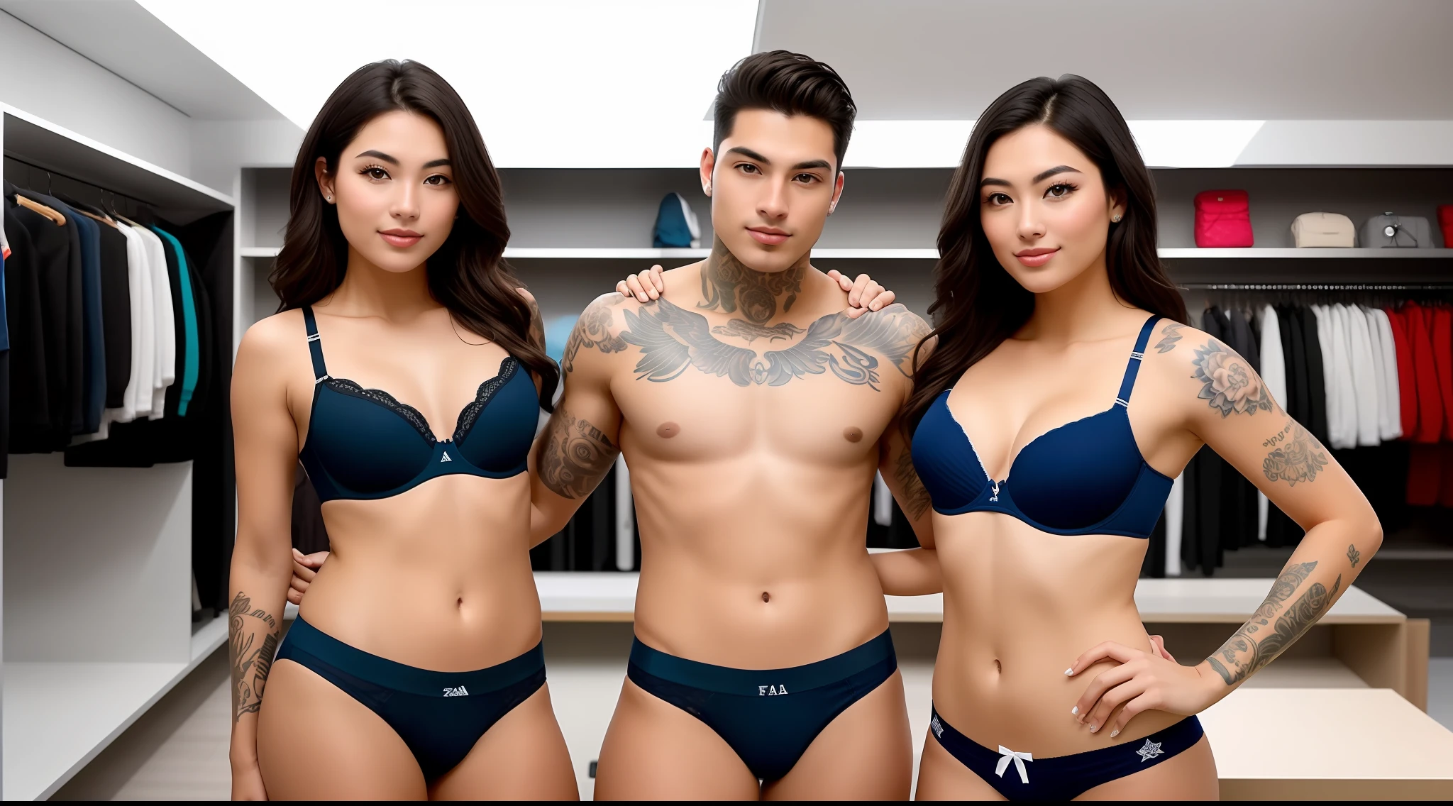 A full-bodied young European woman, with fair skin, long and blonde hair, wearing a bra and bow (panties), next to a strong European man, with black hair, tan skin, and wearing Flamengo football club boxers, tattooed arm. Clear ring light and studio lighting. The background features a store with shelves filled with bras, panties, and underwear. Looking at the viewfinder of a DSLR camera. Ultra-high quality, sharp focus, sharp details, depth of field, film grain, Fujifilm XT3 camera, crystal-clear image, 8K UHD resolution. Highly detailed and bright eyes, highly detailed and fair skin, perfect face, visible skin pores, good aesthetics, good contrast, good quality, and good level of noise.