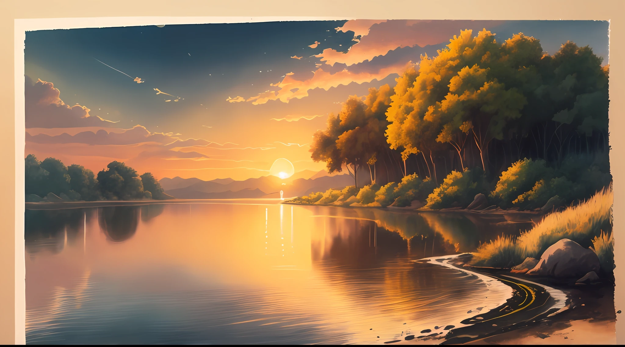 , mais alta qualidade, melhor qualidade: 1.4),, Aquarela, A sunrise by the river, sol alaranjado, cores maravilhosas, rochas, intenso, Alto contraste,