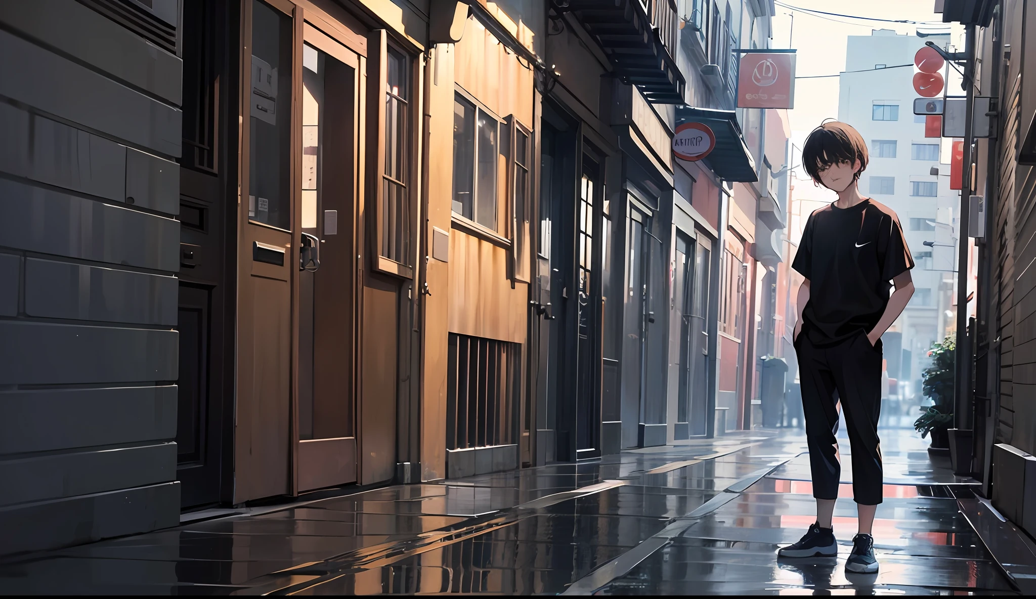 Alone boy , long boy , 17 years old, anime boy, front hairs on forehead, restlessness on face, hopeless, just want to curl up and die, innocent black eyes looking downward, head slightly looking downward , black shirt, black phant, white Nike AIR-1 JORDAN, standing on street sadly, both hand inside pockets, rainy street, poddles of water, darkness in the street, reflection, reflecting, masterpiece, best quality, high details, high quality, textured skin, accurate, UHD, HD --auto