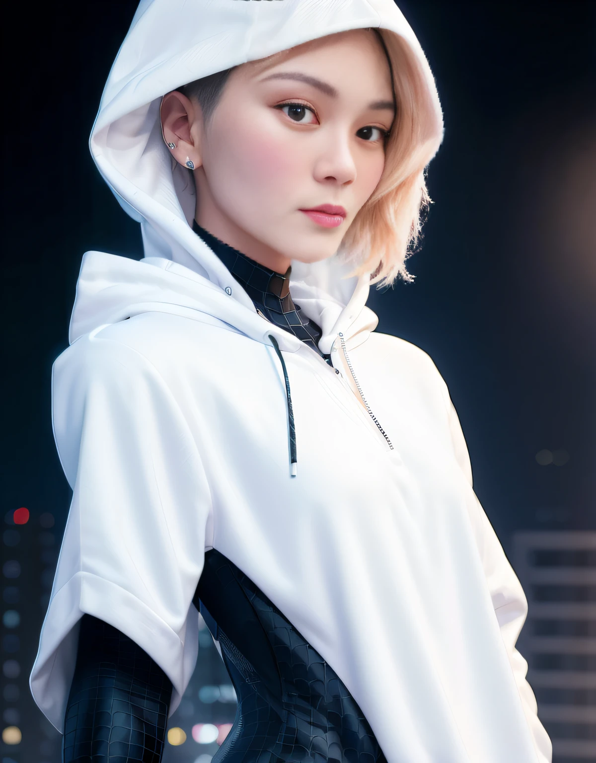 Blonde woman in white hoodie posing in front of city lights, cyberpunk anime girl in hoodie, 8K Artgerm bokeh, Rendu portrait 8k, Hyper-realistic cyberpunk style, Ross Tran 8 K, 3 D rendering character art 8 K, as an overwatch character, dreamy cyberpunk girl, photorealistic anime girl rendering, Soft portrait shot 8 K, Realistic art style