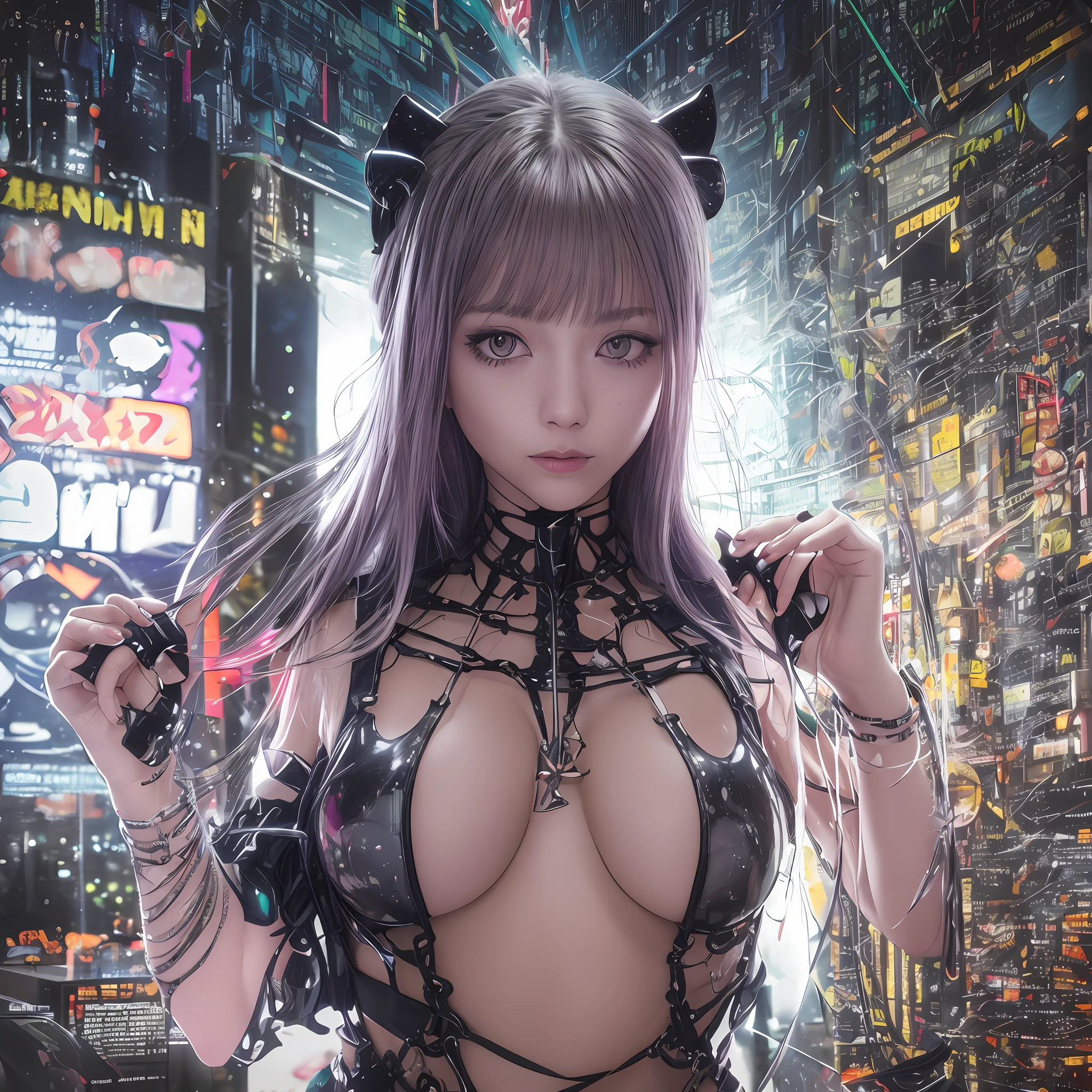 (RAW Photography:1.2)、(Photorealsitic:1.4)、(masterpiece:1.3)、(top-quality:1.4)、超A high resolution、(A detailed eye)、(detailed facial features)、(detailed clothes features)、HDR、8K分辨率、solofocus、bangss、Skin tightening、(shinny skin)、(Slender girl)、dream-like、 (Extreme detail)、Confirmation of commentary、Request for commentary、landscapes、without text、 Virtual Girl - Aim, Medium ed, straight haired, Long, white hair, a purple eye, 1girl in, The upper part of the body, Cyberpunk Suit、mechasuit、The cleavasible、Fine LED lamp、Detailed neon、Dense parts、Connected cables、Hydraulic cylinder、huge tit、Metal Pipi
