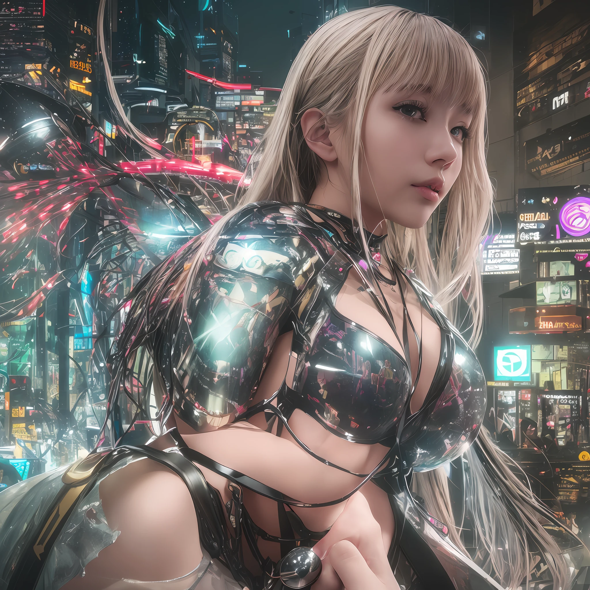 (RAW Photography:1.2)、(Photorealsitic:1.4)、(​masterpiece:1.3)、(top-quality:1.4)、超A high resolution、(A detailed eye)、(detailed facial features)、(detailed clothes features)、HDR、8K分辨率、solofocus、bangss、Skin tightening、(shinny skin)、(Slender girl)、dream-like、 (Extreme detail)、Confirmation of commentary、Request for commentary、landscapes、without text、 Virtual Girl - Aim, Medium breasted, straight haired, Long, white  hair, a purple eye, 1girl in, The upper part of the body, Cyberpunk Suit、mechasuit、The cleavage is visible、Fine LED lamp、Detailed neon、Dense parts、Connected cables、Hydraulic cylinder、huge tit、Metal Piping、