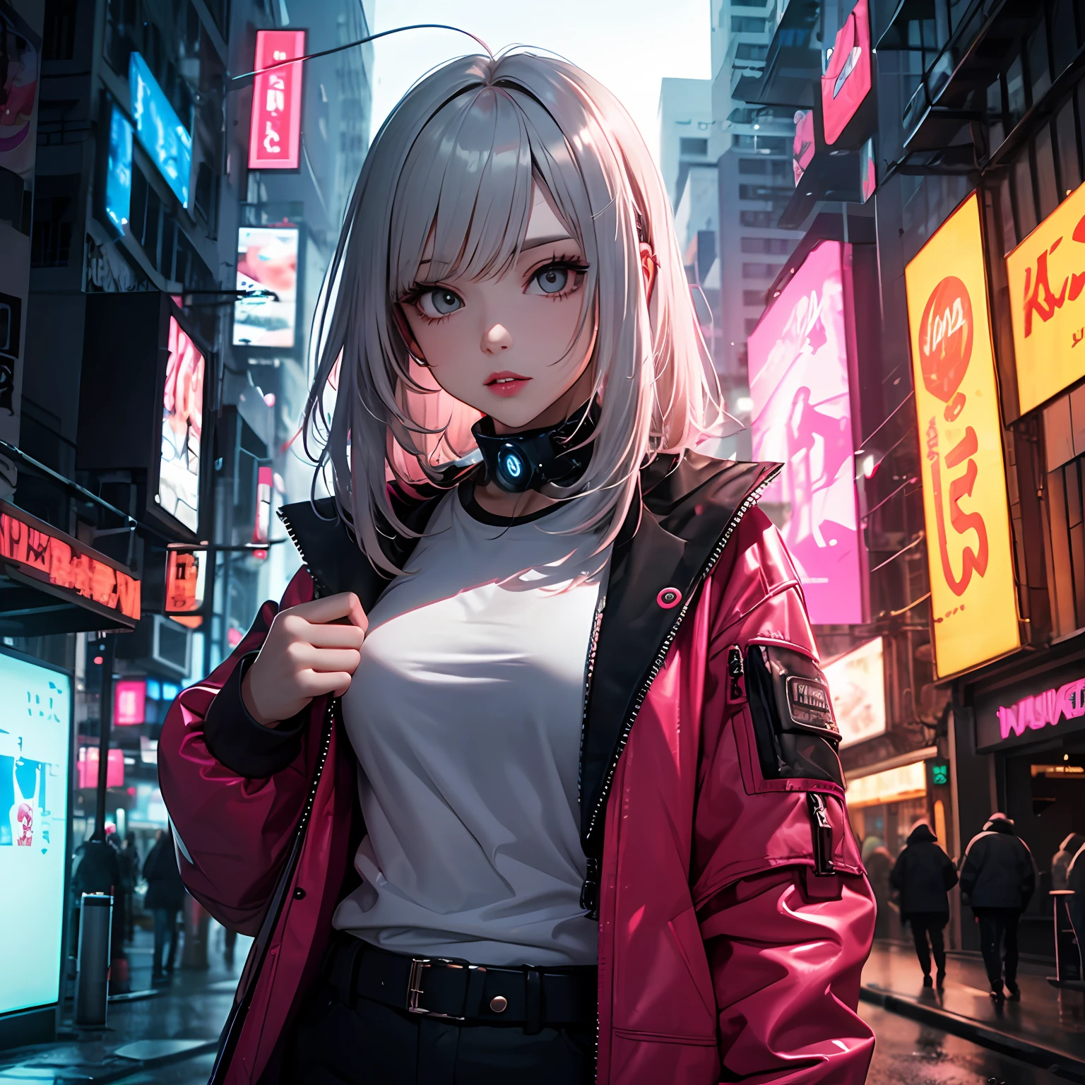 lucy \(cyberpunk\), 1girl, hair scrunchie, hime cut, silver hair, colored tips, full moon, grey eyes, jacket, long sleeves, looking at viewer, Medium hair, O cabelo multicolorido, Bangs separated, lips parted, A pink-haired, portrait, Red eyeliner, Redlip, solo, White jacket, cyber punk perssonage\(series\), Cyberpunk city rainy night neon flashing view of the --auto
