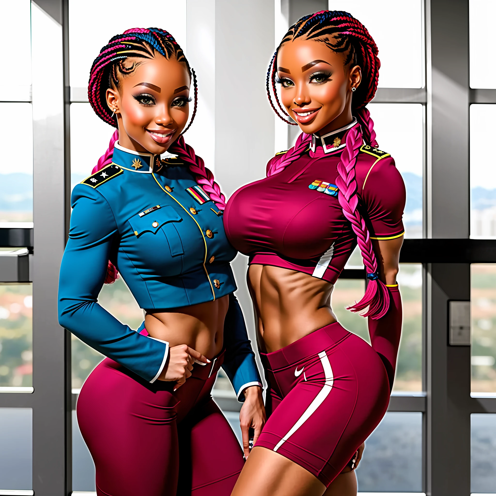 Black woman athletic body and muacoloso breasts big colored braided hair sexy military uniform