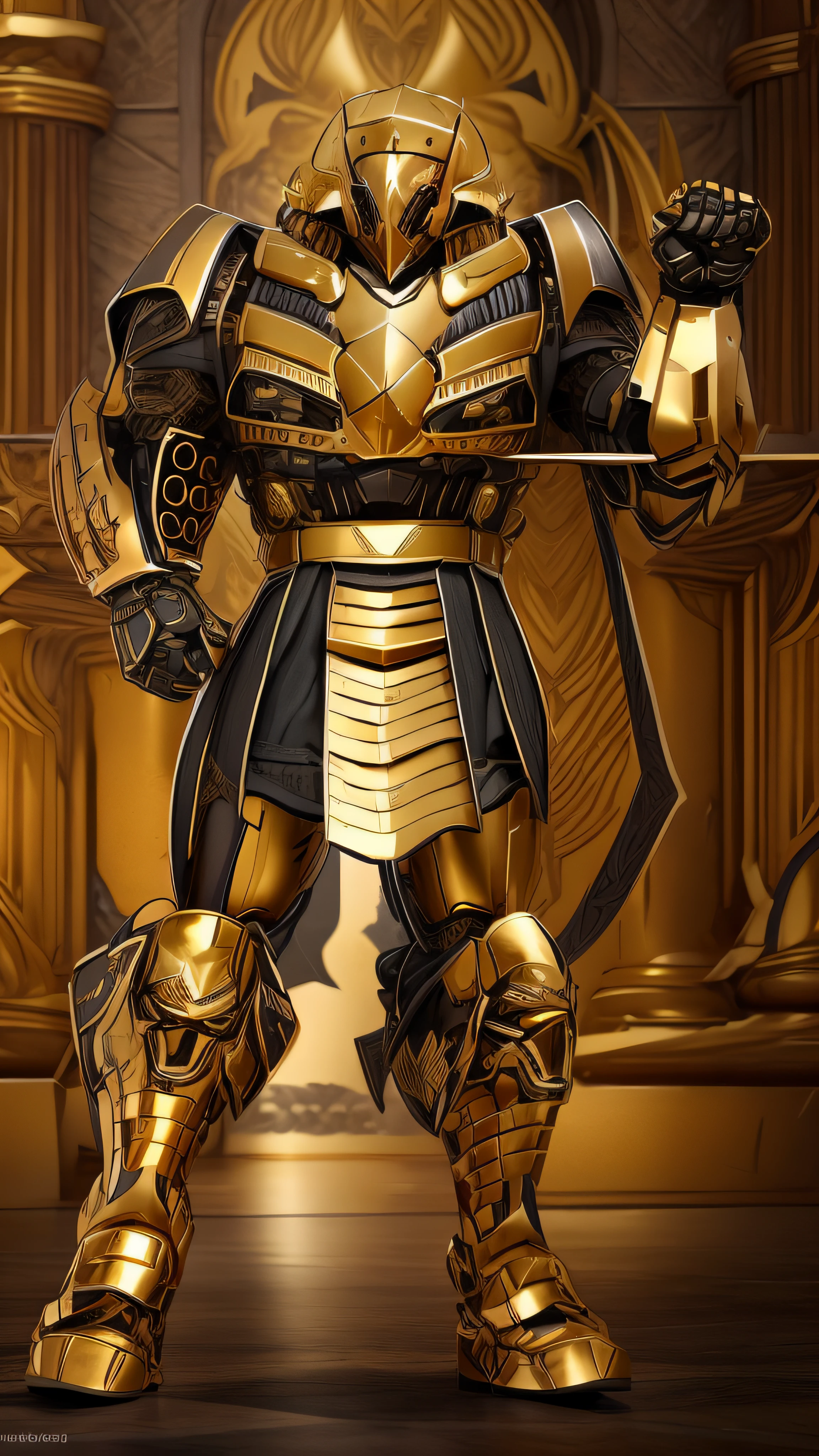 A closeup of a golden robot with a sword in hand, Armadura obsidiana de ouro pesado, armadura pesada de ouro. Dramatic, luz saindo da armadura, Armadura Obsidiana de Ouro, estilo fantasia 8 k octane render, armadura dourada vestindo, armadura dourada pesada, Armadura dourada de Paladin, Armadura Dourada, Armadura dourada, epic paladin armor, photogenic details on armor