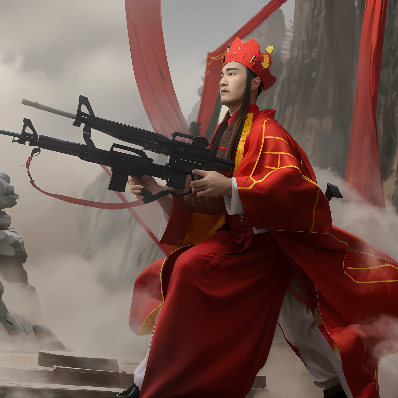 There was a man in a gun and a man in a red suit, Chinese Warrior, Hanfu, full-body wuxia, Dress up as a Tang monk, nanquan, Taoist, professional cosplay, sakuga mad gunplay, with rifle, full-body xianxia，Make a double pistol，Domineering，The background is clean，The face is a cartoon character，Hand repair