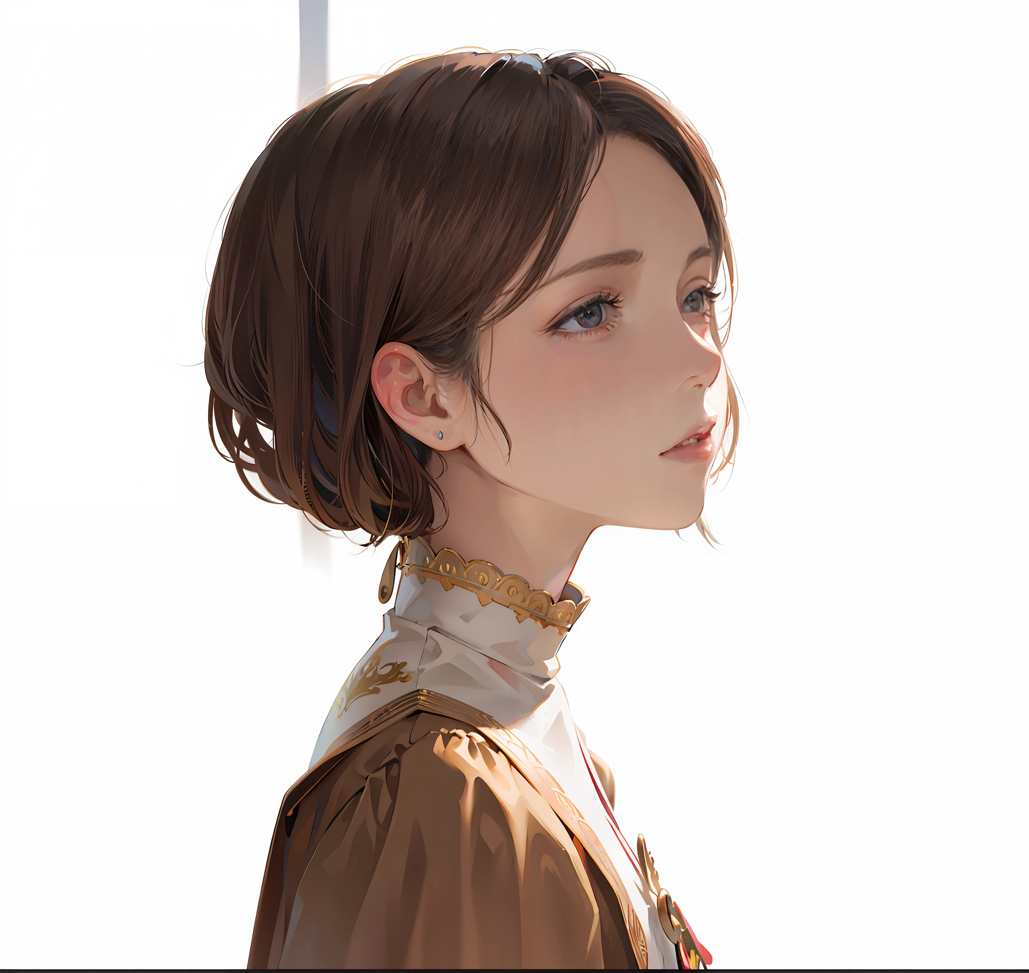 Allard woman in brown shirt and brown jacket, with short hair, Soft portrait shot 8 K, Rendu portrait 8k, Realistic anime 3 D style, Realistic young anime girl, Guviz-style artwork, Anime girl in real life, anime girl profile, white hime cut hairstyle, side portrait of cute girl, Guviz