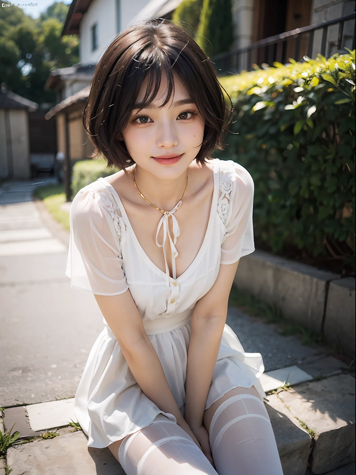 (in 8K, top-quality, a masterpiece of:1.2), (realisitic, Photorealsitic:1.37), ultra-detailliert, small tits、Skinny face、de pele branca、A Japanese Lady,cute little, Narrow slit eyes、Small eyes、Small, Narrow eyes、30-years old,独奏,Nasal blush、A smile、a closed mouth、tiny chest、Delicate body、Black eyes、beatiful detailed eyes、Single eyelid、poneyTail、A dark-haired 、short cut hair、fullllbody、Skinny Legs、see -through、White blouse