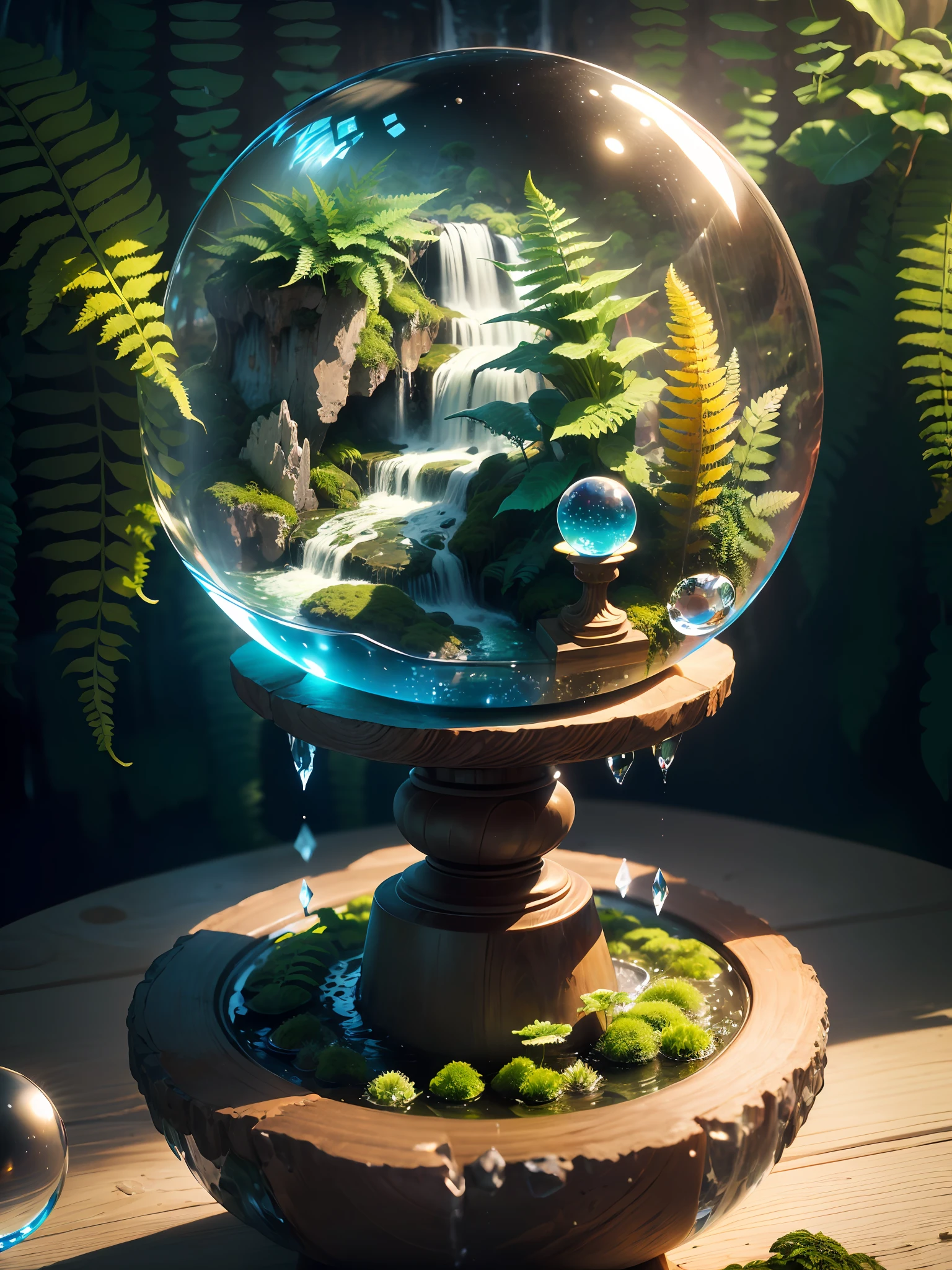 Hyper-realistic、16K High Resolution、small-scale、(Maximum Sharp Focus:1.3)、(Maximum Close-up:1.5)、(Waterfall in crystal ball with pedestal on table:1.4)、(mosses、ferns:1.5)、(mountain stream、White fog background:1.0)、