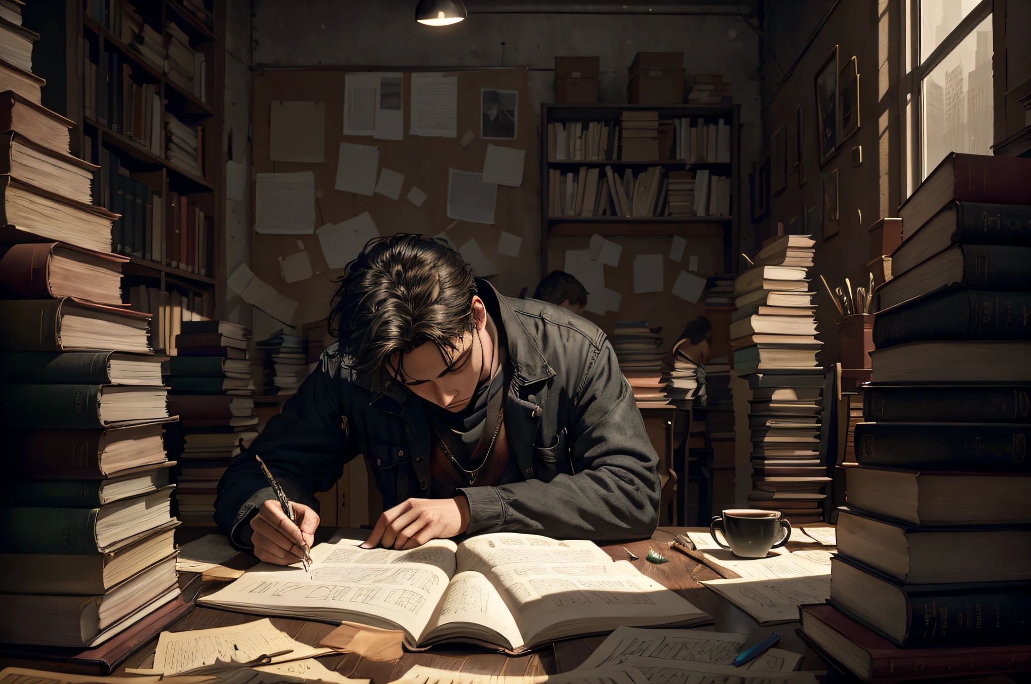 "An intricate charcoal sketch portrays a young man, Ken, consumed by stacks of books, clocks and numerous reminders scattered haphazardly across a cramped workspace. His weary eyes reflect a profound struggle against ceaseless ticks of an omnipresent clock. The artwork, embodying elements of realism, is steeped in an atmosphere of urgency and exhaustion, capturing the relentless battle against the ephemeral and the mounting pressures of modern youth."