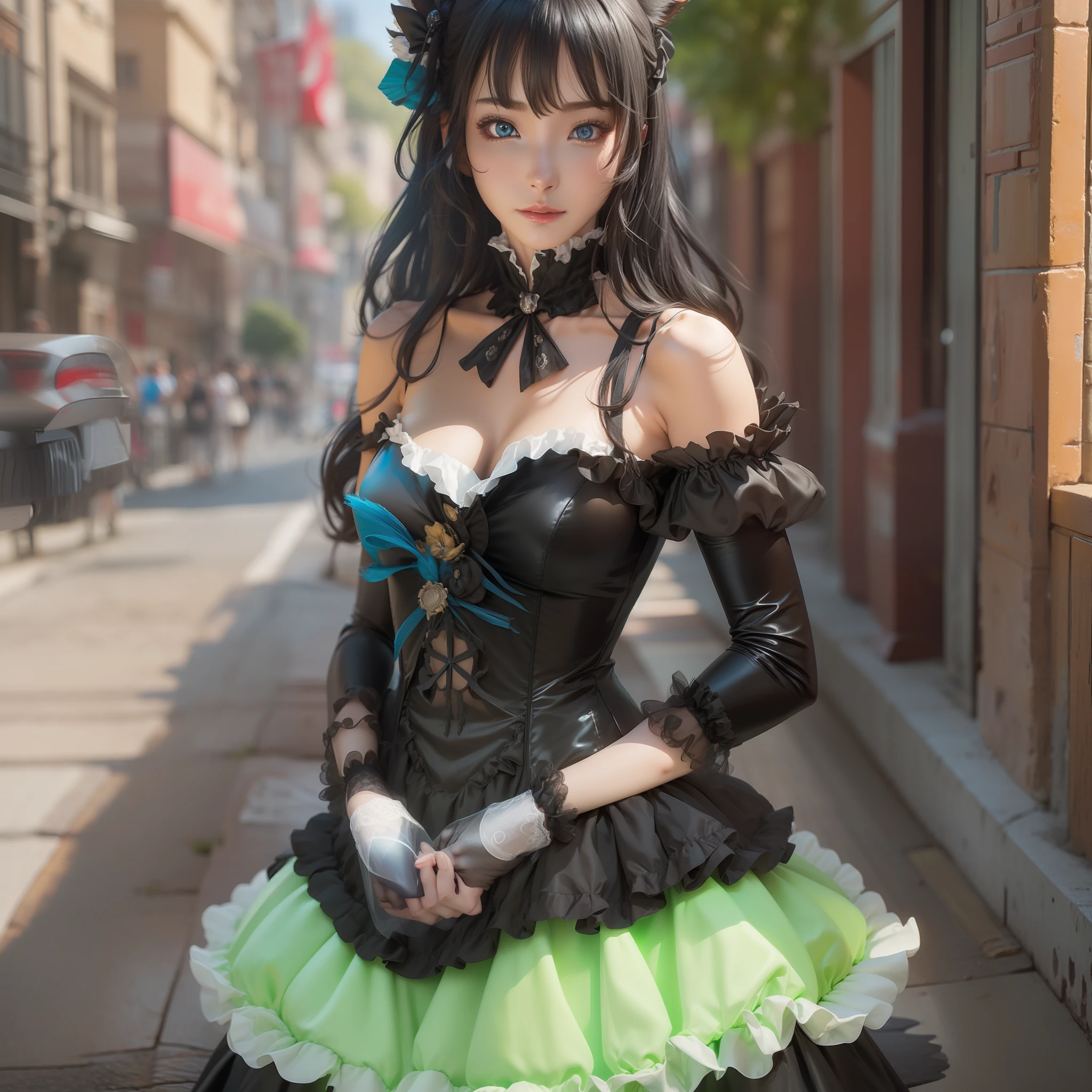 (8K, RAW photo, Best quality, Masterpiece), 超高分辨率, (Realistic, photo-realistic), 1girll, emotive, Solo, Black hair, Blue eyes, Professional lighting, Detailed lighting, back lit lighting, Depth of field, Natural lighting, hardfocus, Two meters shooting distance, professional photoshooting, Detailed eyes, Realistic eyes, detailed shadow, Game CG, cosplay, Gaia \(FF14\), black color dress,Ruffles and frills, No shoulder strap, Upper body, Black clothes