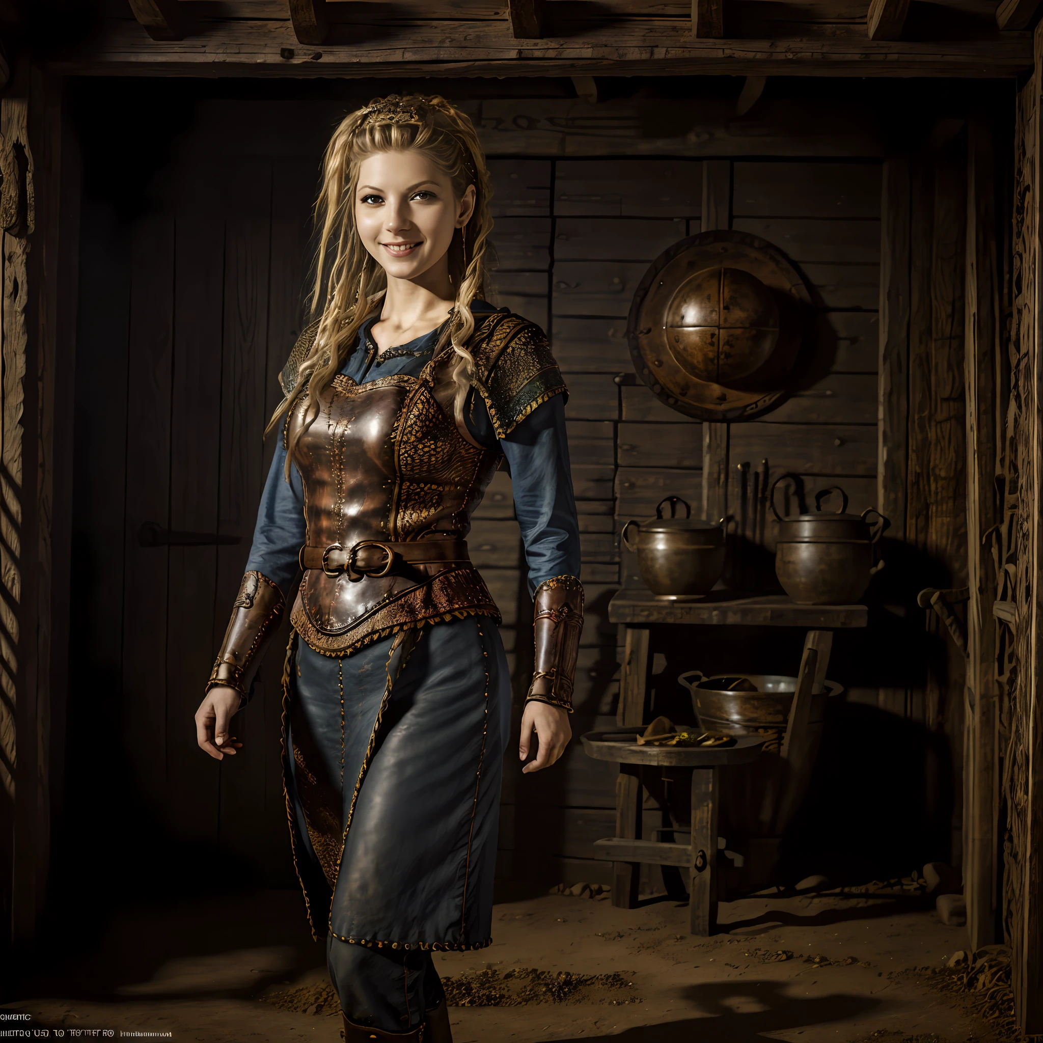 ((qualidade excepcional)), ((obra-prima)), ((true to reality)), guerreira viking, (Katheryn Winnick: 1.0), Vestindo armadura de couro, roupas detalhadas, textura de pele realista, Standing in front of a Viking hut, ((corpo inteiro)), (((Ultra-detailed hands and feet))), sorrindo, tatuagens, Enfeite, brincos, detalhes intricados, super realista, hiper detalhada, textura da pele, bronzeada, sardas, pele brilhante, foco nítido, volumeric lighting, bons destaques, bom sombreamento, espalhamento subsuperficial, intrincado, altamente detalhado, based on the Vikings series, ((cinemactic)), Dramatic, (mais alta qualidade, Concedido, obra-prima:1.5), (fotorrealista:1.5), fotografia, Realistic photo, Nikon, Luz Natural, 4k, highes definition, ......RAW