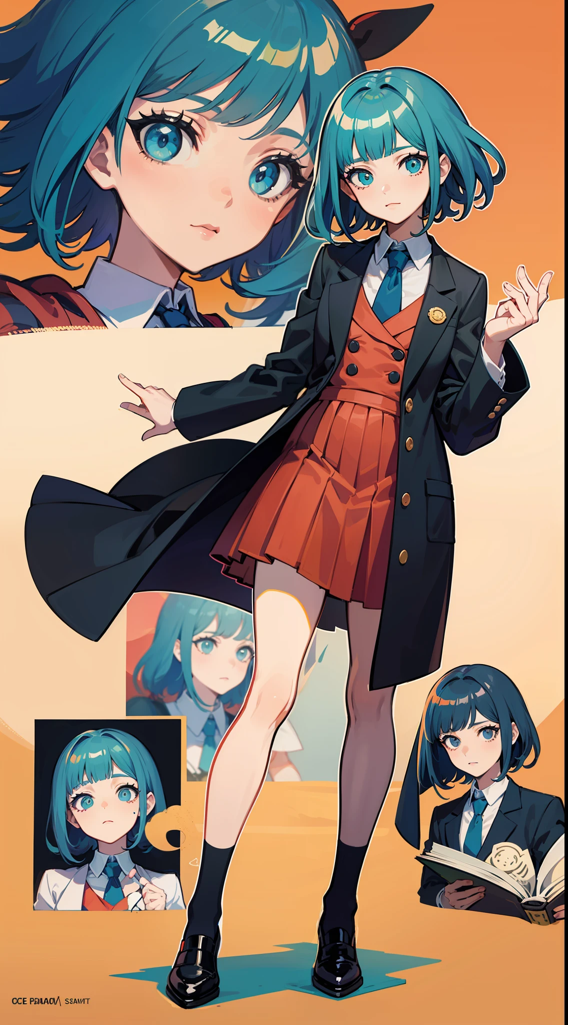 An anime character in business clothes stands in the middle of the picture, Facing the lens,Raise your left hand to hold a book,Black shoes,concept art by Kamisaka Sekka, Pisif, Sots Art, ace attorney style, rimuru and milim, puce and vermillion, offcial art, vermillion and cyan, digital art from danganronpa, Medium shots of the character, clean backdrop,official character art