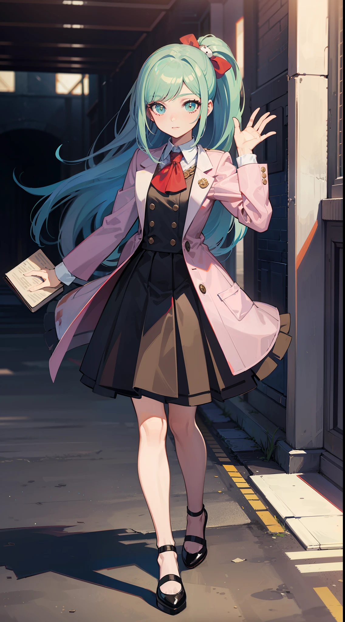 An anime character in business clothes stands in the middle of the picture, Facing the lens，Raise your left hand to hold a book，Black shoes，concept art by Kamisaka Sekka, Pisif, Sots Art, ace attorney style, rimuru and milim, puce and vermillion, offcial art, vermillion and cyan, digital art from danganronpa, Medium shots of the character, clean backdrop，official character art
