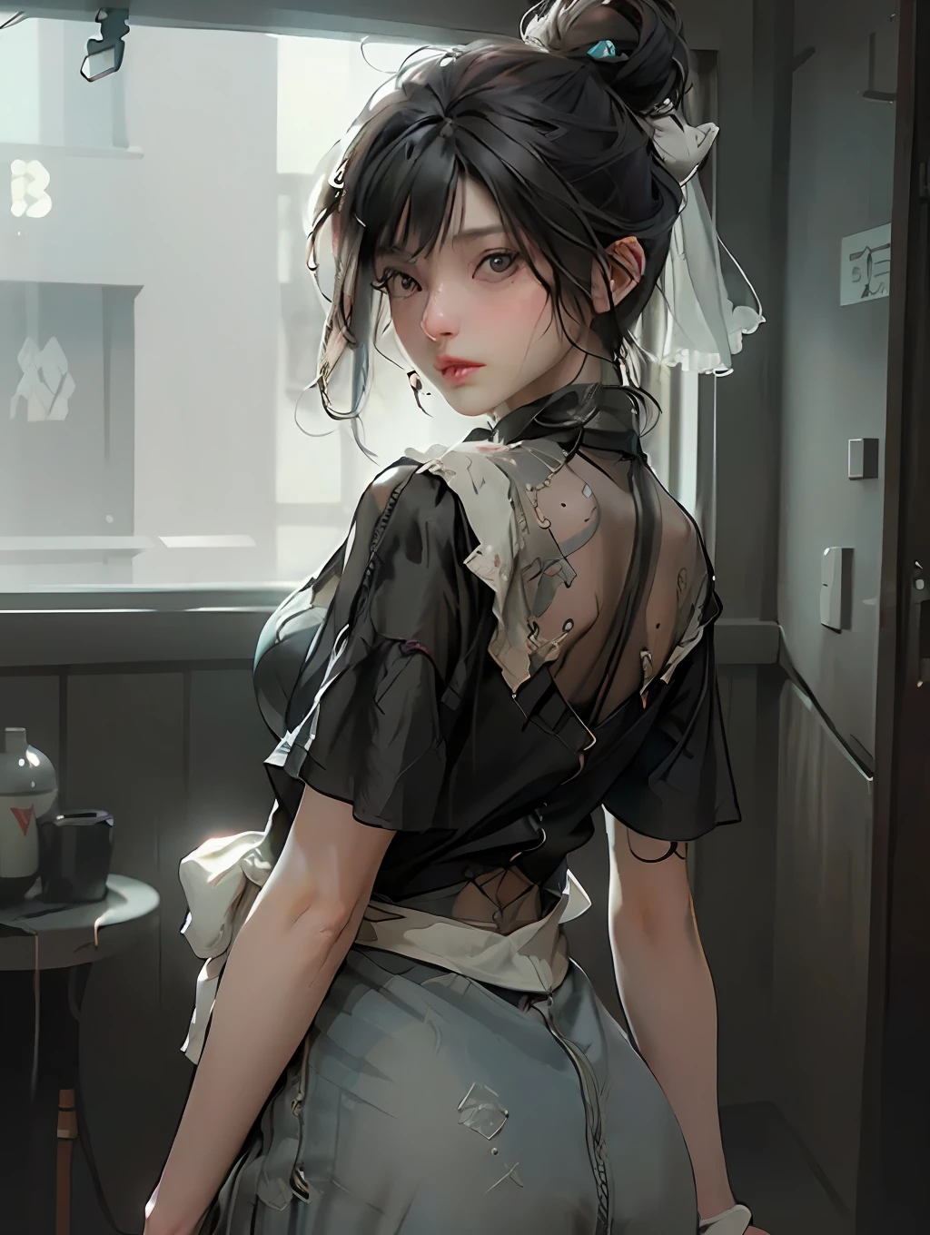 ((top-quality)), ((masterpiece)), (detaileds:1.4), 3D,Black clothe、show through、see -through、halterneck、Image of a woman with her back visible,HDR(HighDynamicRange),Ray traching,NVIDIA RTX,Hyper-Resolution,Unreal 5,sub-surface Scattering,PBR Texturing,Postprocess,Anisotropy Filtering,depth of fields,Maximum clarity and sharpness,multi-layer texture,Albedo and specular maps,Surface Shading,Accurate simulation of light-material interactions,perfectly proportions,Octane Rendering,Two-tone lighting,Wide aperture,Low ISO、White Balance、thirds rule、8K RAW、