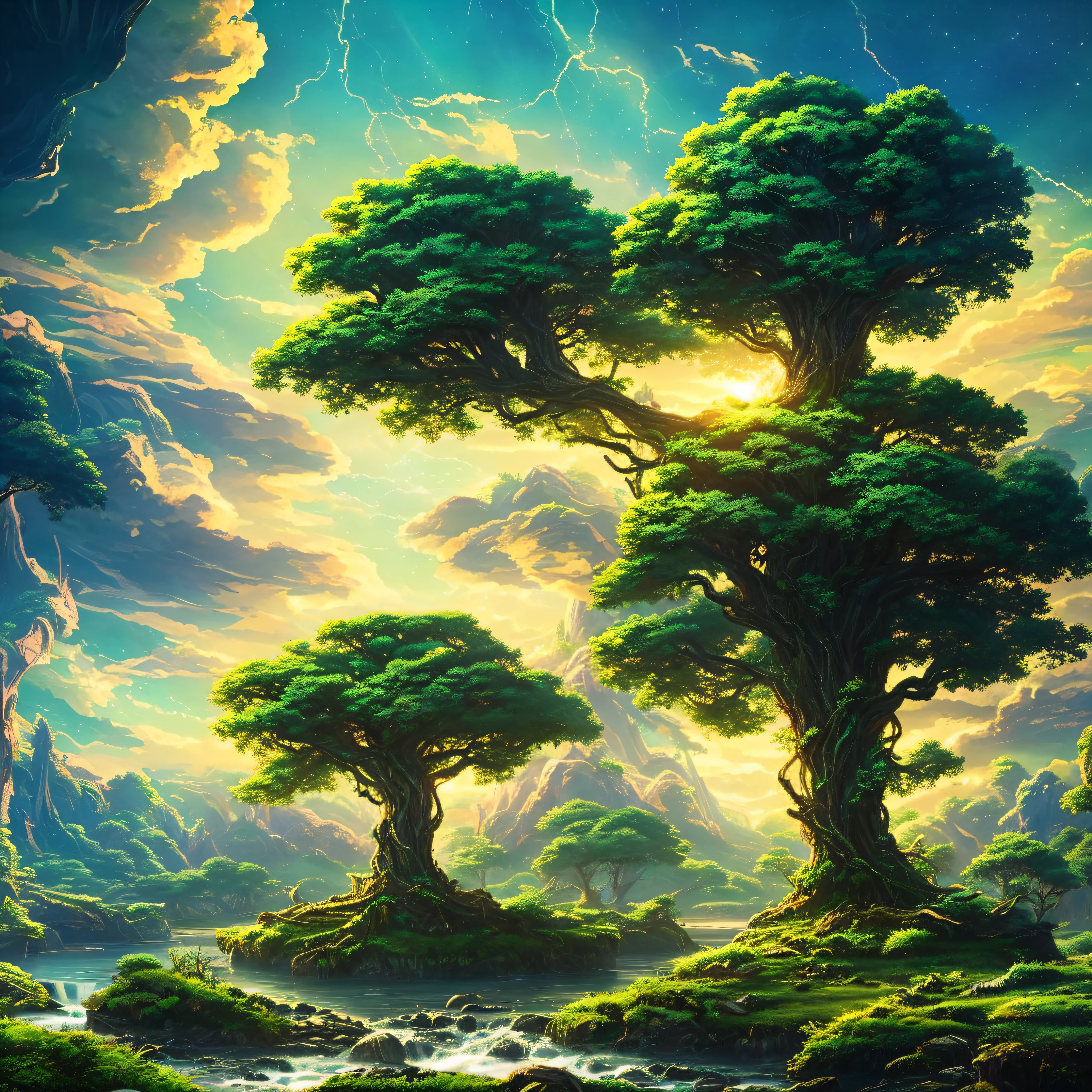 Illustration of a surreal, otherworldly, hyper sky scene including a giant crystal tree full body, highly detailed and magical lighting, intricate forest details, vegetation and surrounding river, solar punk, landscape, giant tree , beautiful green leaves, beautiful lighting and realistic proportions, as if this is a movie background, 8k, highest quality, masterpiece, clouds and stars in the sky. --auto