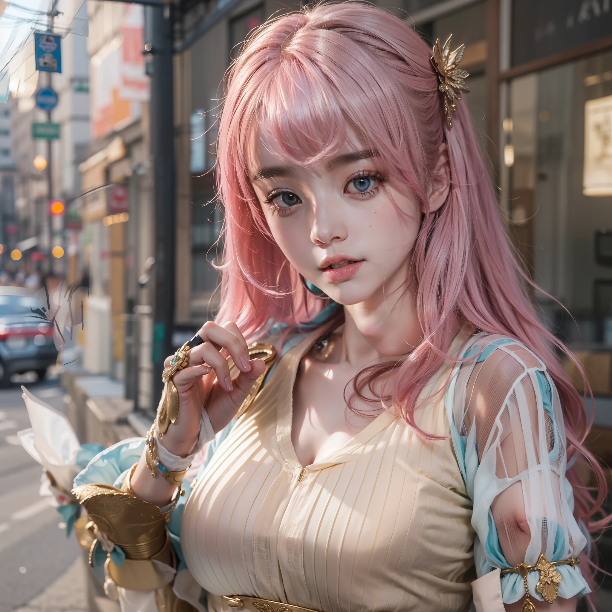 ((top-quality、in 8K、masterpiece:1.3))、foco nítido:1.2、ty woman、A pink-haired、large full breasts、(natural soft light、City Street:1.1)、Highly detailed facial and skin texture、Big detailed eyes、二重まぶた、Looking at the camera、With four fingers balanced1Book thumb、hposing Gravure Idol