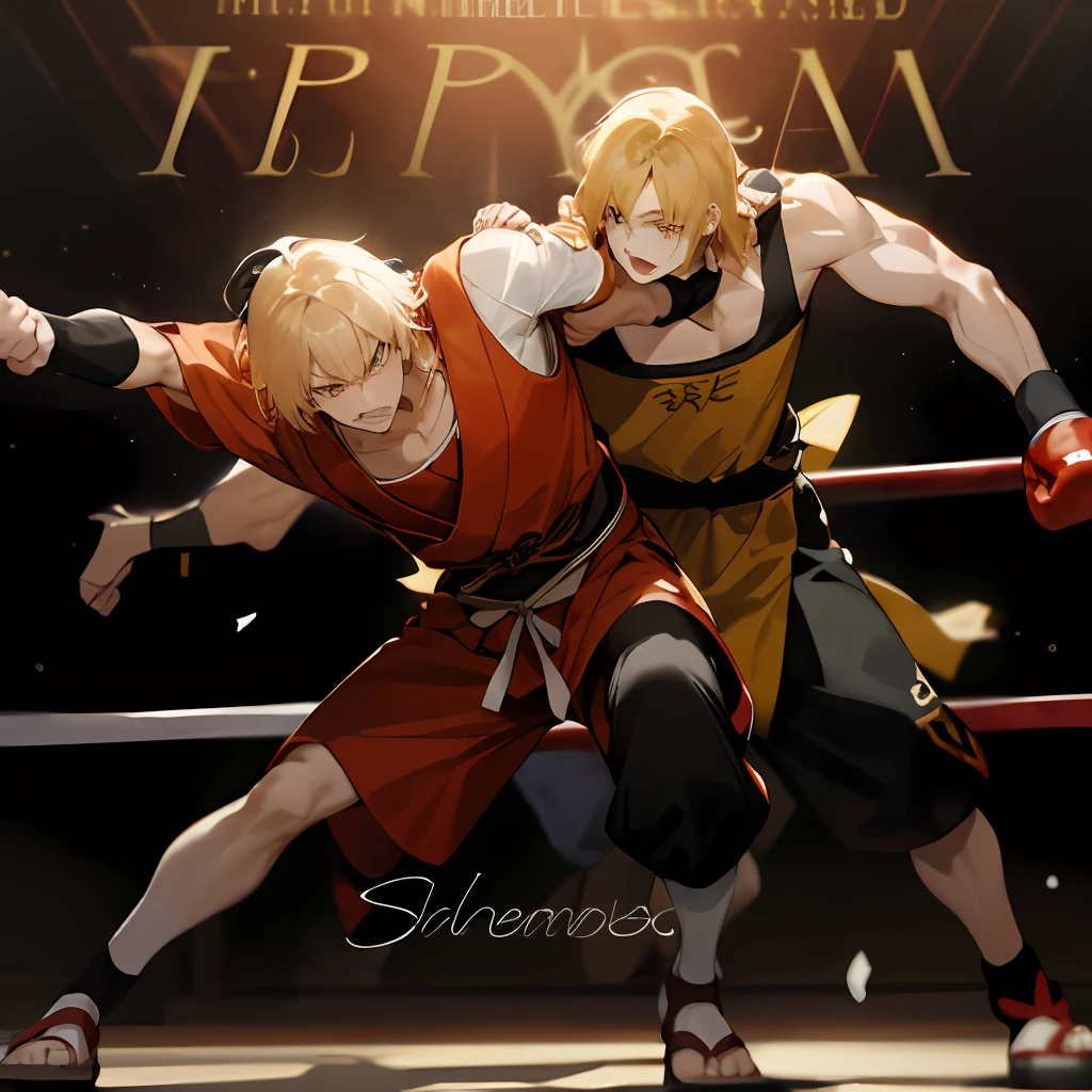 ((Shaka)), 2 boys fighting anime style where one is hitting the other with a punch and the one who took the punch is falling passed out , ambiente templo grego, particuls, jogo de luzes