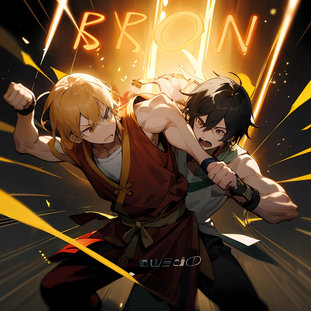 ((Shaka)), 2 boys fighting anime style where one is hitting the other with a punch and the one who took the punch is falling passed out , ambiente templo grego, particuls, jogo de luzes
