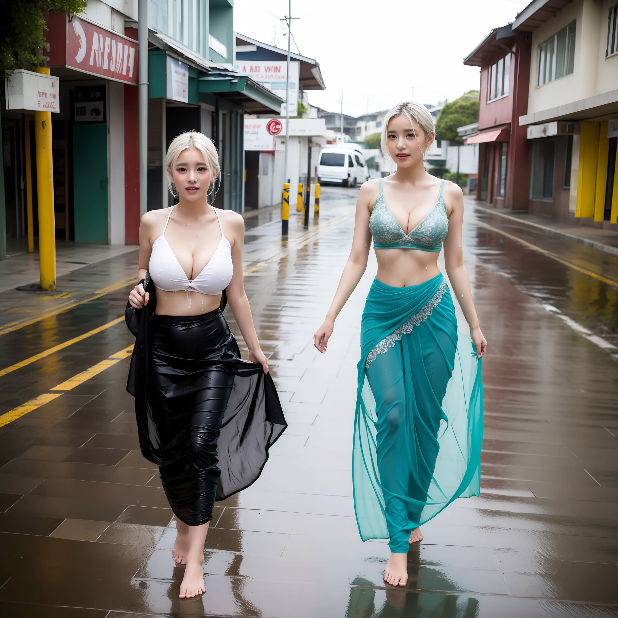 Beautyfull white British girl ever wearing sari,white hair, inside beach,wet body, wet hair, wet clothes, raining outside, standing on rain,empty streets, big boobs, cleavage,[walking on street]