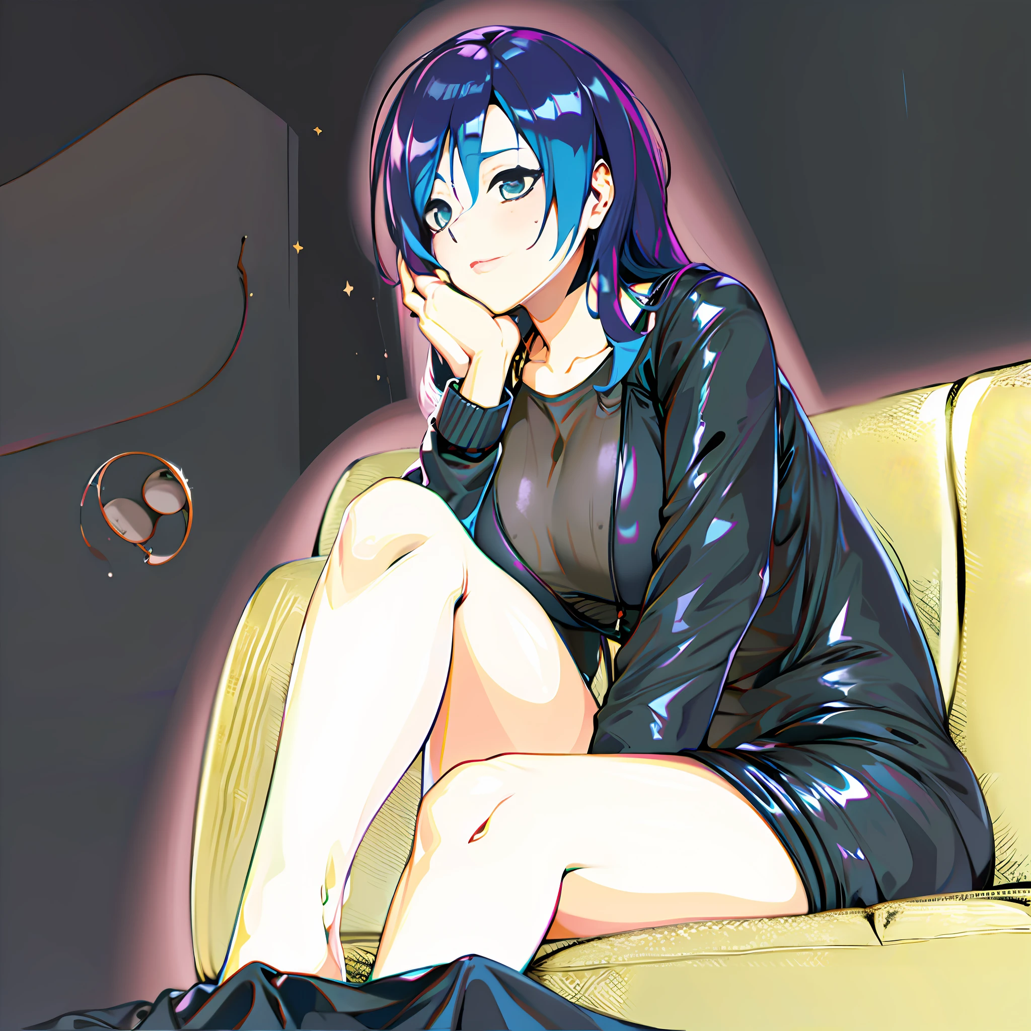 anime girl sitting on a couch with her legs crossed, inspired by moona hoshinova, 2 d anime style, made with anime painter studio, anime moe artstyle, [ digital art ]!!, in an anime style, in anime style, paint tool sai!! blue, anime artstyle, cel - shaded art style, unknown artstyle, sitting on the couch (gg unity, 8k wallpaper, ultra HD, master piece, best highlight, cool light), (living room, couch, dim light,purple wall), (1girl,solo) ((blue medium hair, with green highlight hair), fair skin, simetrical face, beautifil face (high detail eyes, green eyes)), (poker face), ((big breast, best body drawing, thick body, thick leg), (wearing black jumper jacket), (bare leg exposed)), view front rigth botom edge.