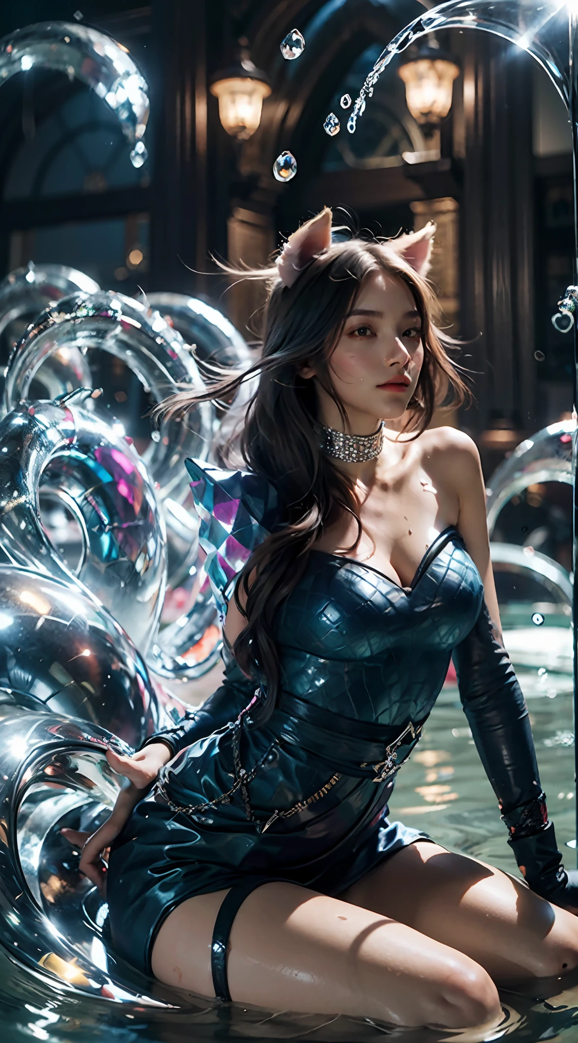 1girll,Ali,Ali\(league of legend\), K/Da\(league of legend\),Animal ear, face markings, fox ear, fox tails, Orange eyes,Multiple tails,coda,Water Technique,Raised sexy,Coquettish,dewpoint,Dewy,lovemaking,Shy,Pampering,perspire
