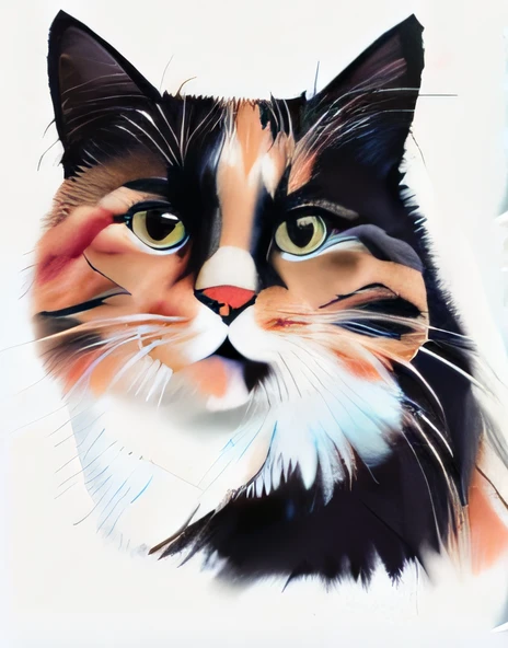 pintura de um gato com um cachimbo na boca, Calico cat, retrato do gato, pintura de retrato do gato, Retrato de um gato, pintura de um gato, painted in acrylic, calico, uma pintura de um gato, retrato animal, Directed by: Tracy Harris, pintado com cor no branco, em uma pintura de um gato, gato detalhado, desenhado e pintado