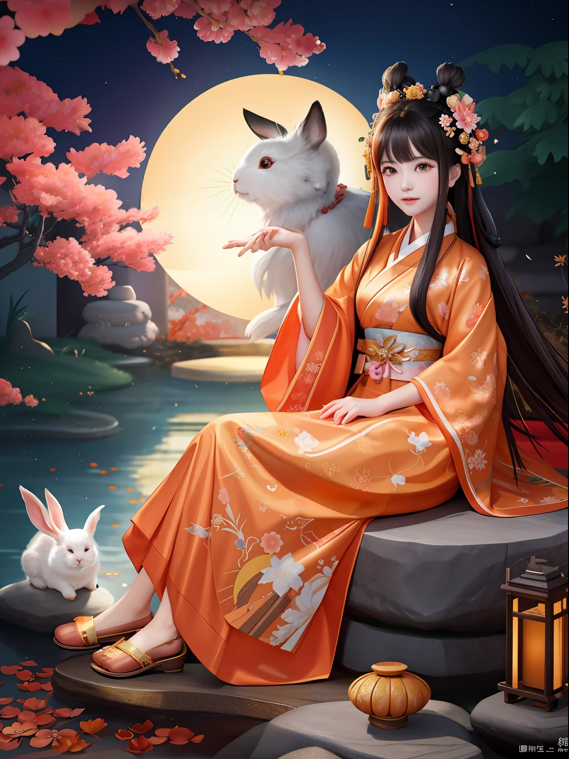 Anime girl in orange kimono sitting on a stone with rabbit, by Yang J, A beautiful artwork illustration, Palace ， A girl in Hanfu, goddess of autumn, Beautiful character painting, By Li Song, the goddess of autumn harvest, inspired by Xie Sun, Inspired by Ai Xuan, By Leng Mei, author：Qu Leilei, trending on cgstation