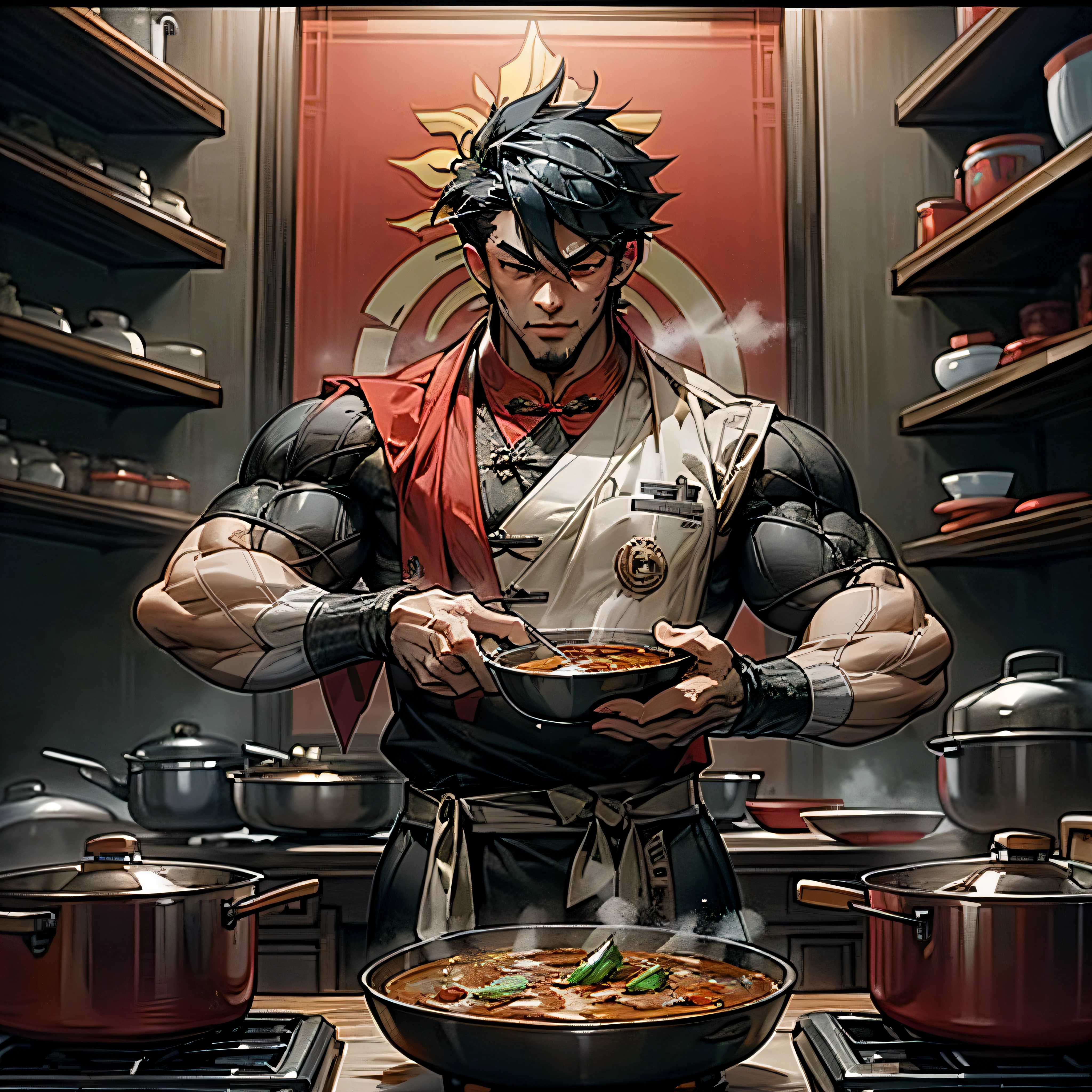 handsome chinese muscle men, stand in front of malaysia flag, cooking curry --auto