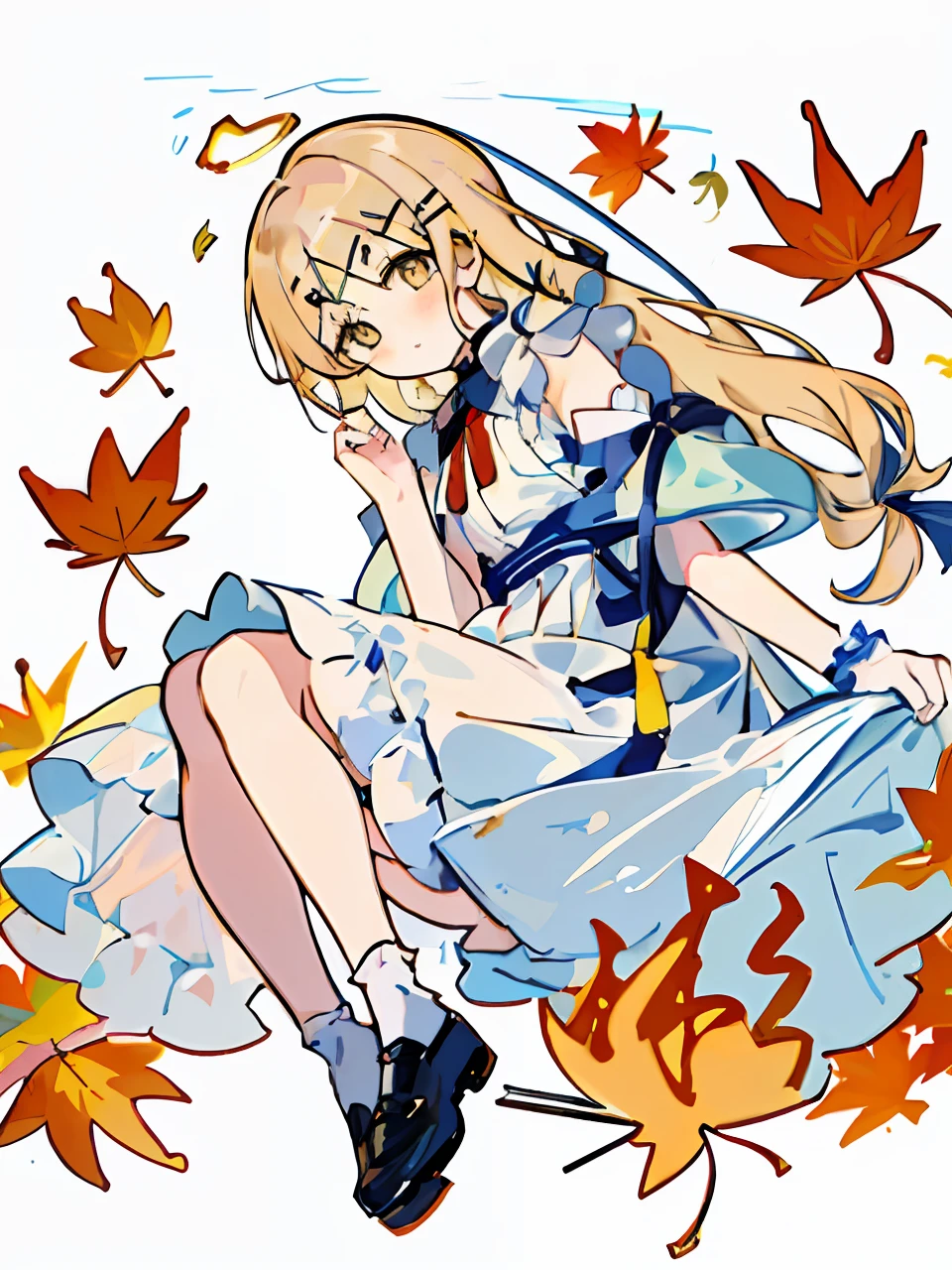 Masterpiece, best quality, amazing, complex and refined details, very detailed cute illustrations, very detailed cute wallpapers, high resolution illustrations, dramatic angles, white background, full body,
Solo, (children: 1.3), (cute: 1.0), beautiful cute eyes, extremely cute face, long blonde hair, yellow eyes, (beautiful details eyes: 1.2), flat chest, (aki_shizuha: 1.3), sitting, white_frilled_blouse, upper_body, cat ears, (wet clothes: 1.3),
(cute red dress: 1.4), blonde hair, maple_leaves, socks, shoes, cute movements, cute expressions, (arms behind back: 1.1), (maple_ leaf_hairpin:1.4),
