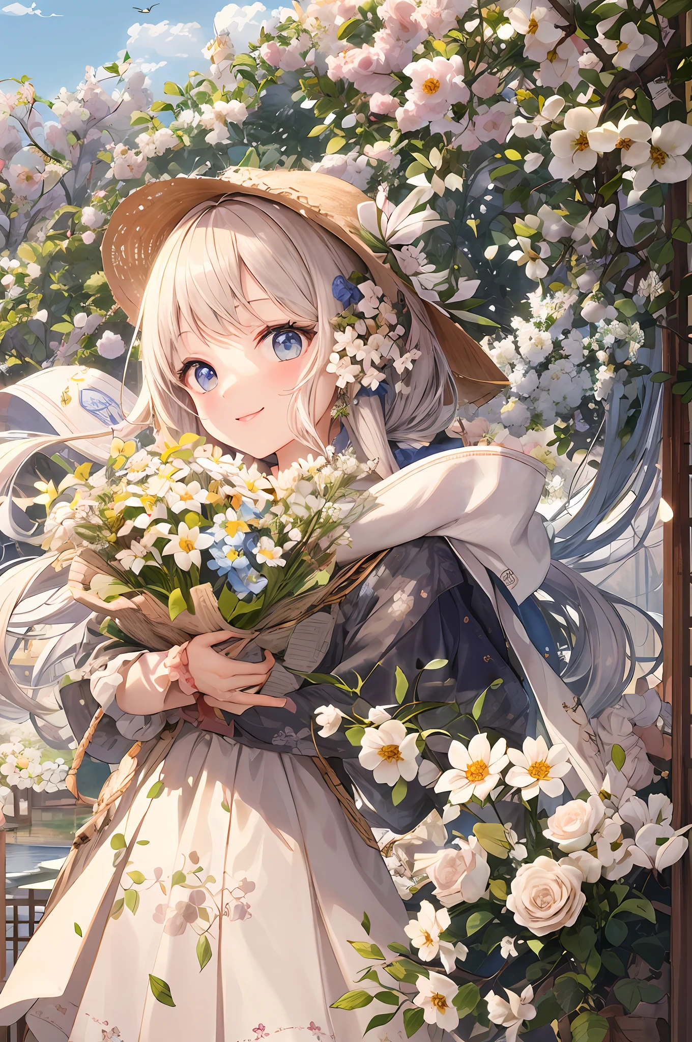 tmasterpiece, Better quality, 1 Barbie, Solo, Long hair, looking at viewert, ssmile, rim, a skirt, Camisa, longer sleeves, bucket-hat, shift dresses, the bow, participate, Keep one's mouth shut, florals, Frilly, hair flower, Flower petals, flower bouquet, croped, Blooming bouquet, ricefield, florals, ricefield,