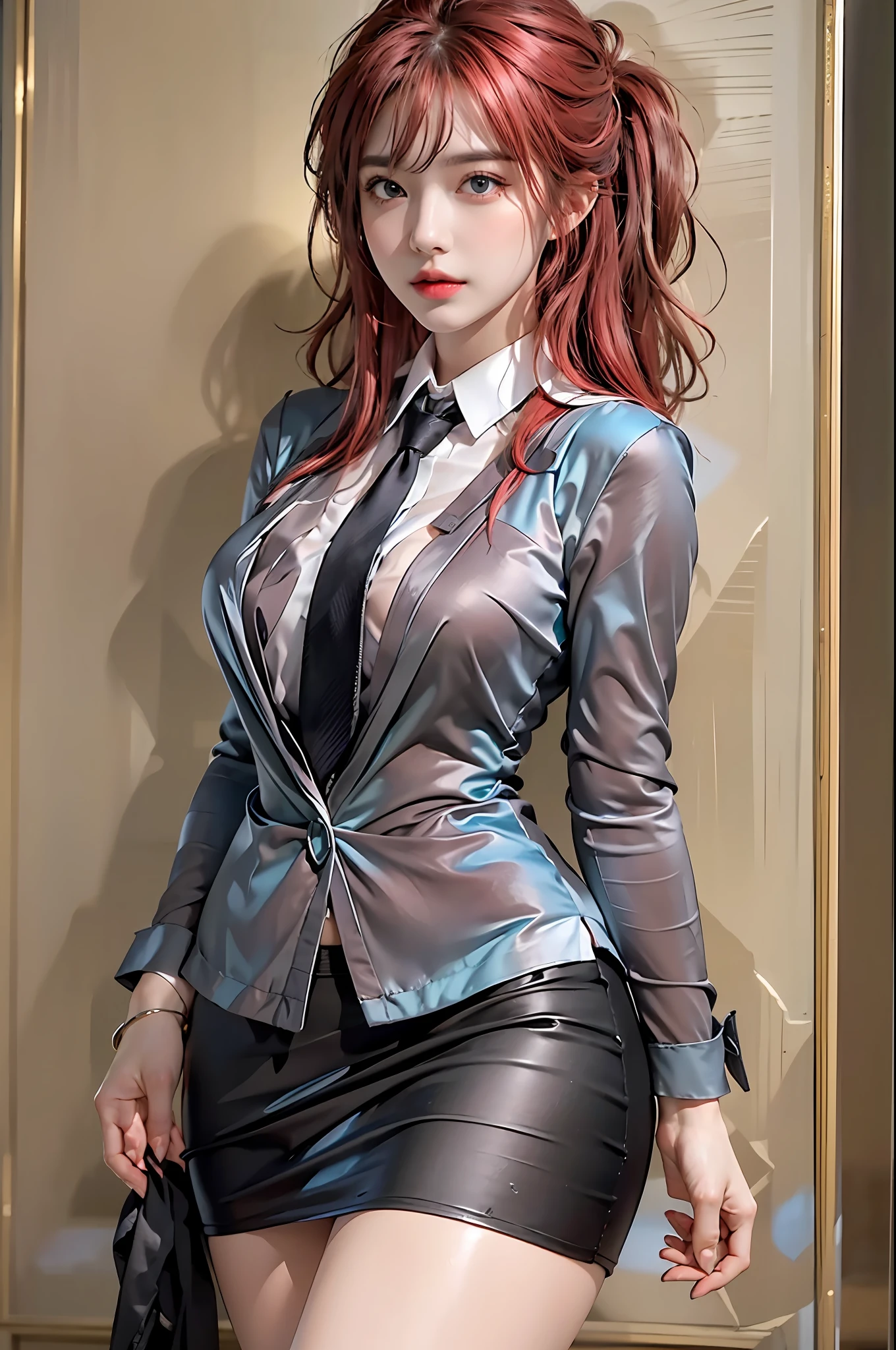 photorealistic, high resolution, 1 girl, hips up, beautiful eyes,black suit,red hair, ringed eyes, beautifuleyes, collared shirt,black necktie,black skirt, pencil skirt