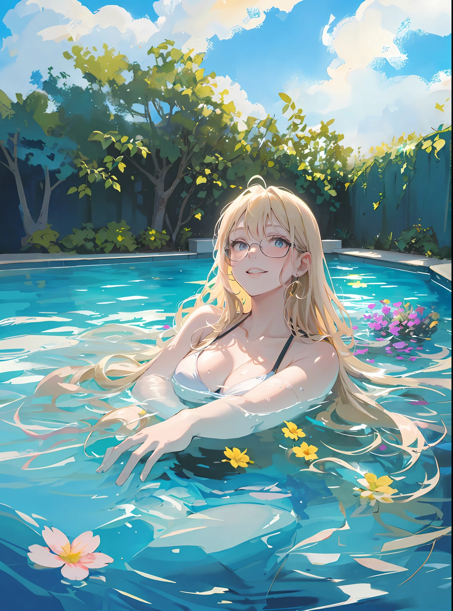 Refreshing blue sky、Beautiful pool water and flowers