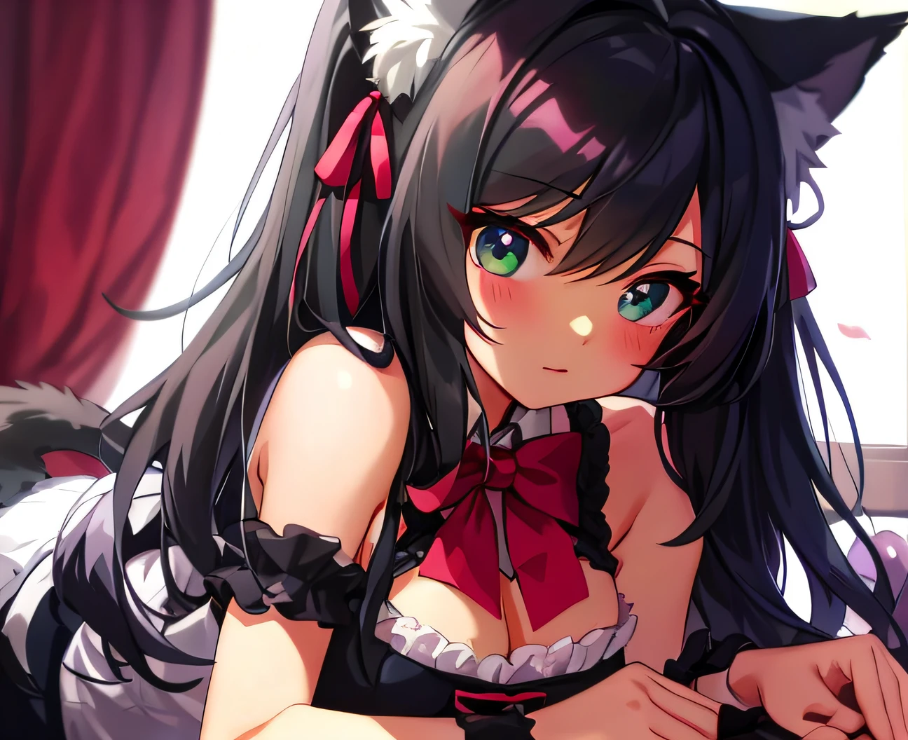 A high resolution,tmasterpiece,Ruka Sarashina,short detailed hair,brunette color hair,((Solo exhibition)),1girll,adolable,inside in room,Detailed eyes,(blue_Green eyes))brunette color hair、anime girl with a cat ear and a bow tie, cute anime catgirl, beautiful anime catgirl, anime catgirl, anime girl with cat ears, portrait of ahri, ahri, Very beautiful anime cat girl, anime moe art style, Girl with fox ears, anime cat, Girl with cat ears, anime visual of a cute cat,Virtual YouTuber,nedium breasts,Wolf tail,a sexy maid in a magical forest, Detailed fanart, author:Kamagurka