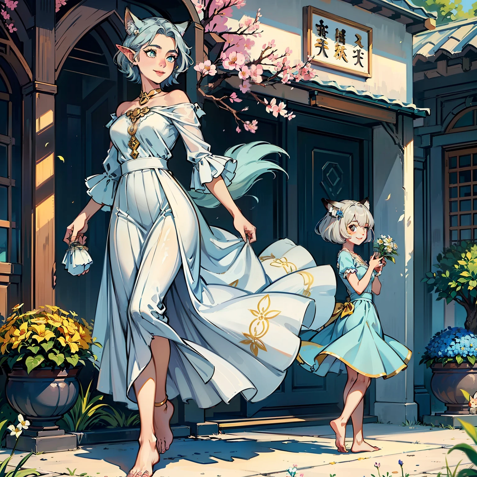 ((Graceful)Flowers in hand,Golden pupils,gray long skirt,The fox's ears drooped slightly,(a beauty girl+teens girl+Kizi),light blue short hair,Barefoot smile,(an extremely delicate)tmasterpiece) --auto