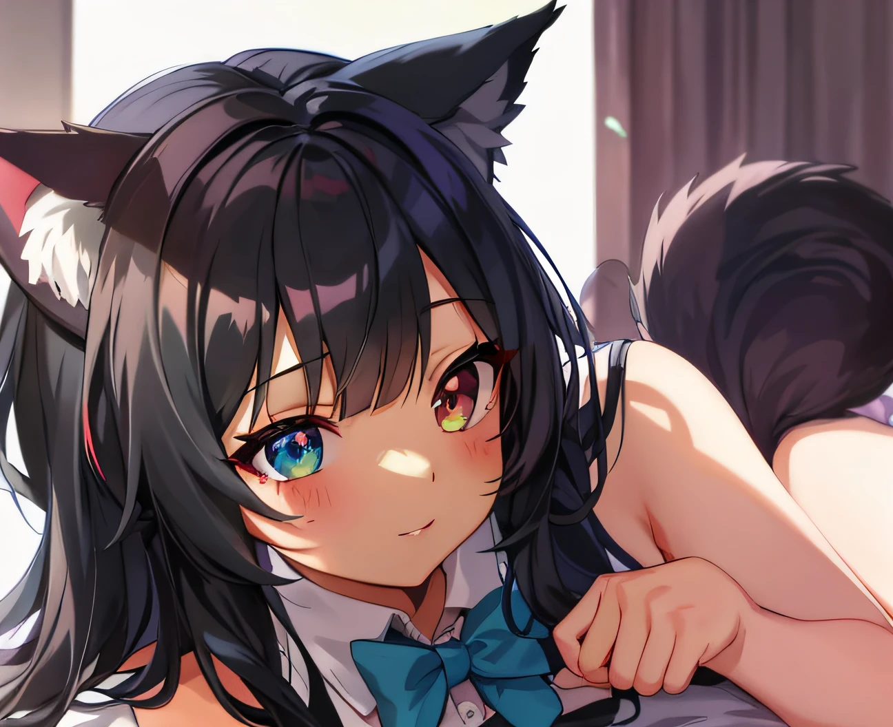 A high resolution，tmasterpiece，Ruka Sarashina，short detailed hair，brunette color hair，（（Solo exhibition）），1girll，adolable，inside in room，Detailed eyes，（blue_Green eyes））brunette color hair、anime girl with a cat ear and a bow tie, cute anime catgirl, beautiful anime catgirl, anime catgirl, anime girl with cat ears, portrait of ahri, ahri, Very beautiful anime cat girl, anime moe art style, Girl with fox ears, anime cat, Girl with cat ears, anime visual of a cute cat，Virtual YouTuber，nedium breasts，Wolf tail，a sexy maid in a magical forest, Detailed fanart, author：Kamagurka