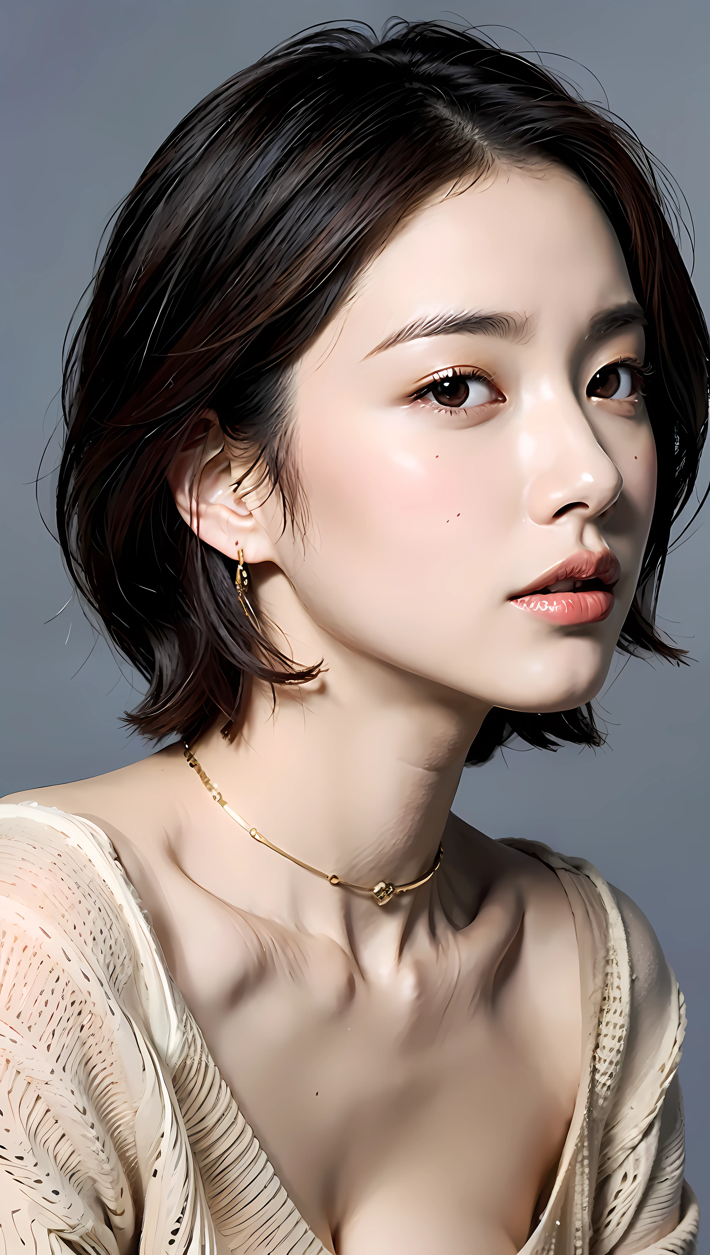 （best qualtiy，8k，32k，tmasterpiece，UHD：1.2），Beautiful Japanese woman in the photo，big cleavage breasts，Very short Bob hair，The upper part of the body，sface focus，oversized_sweater，choker necklace，simple backgound，from the above，looking at viewert，Raised sexy，dewpoint