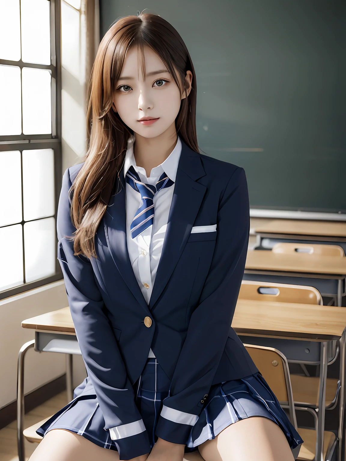 masutepiece, Best Quality, japanaese girl, 8K, Raw photo, top-notch quality, masutepiece, nffsw:1.2, exceptionally detailed RAW color photo, professional-grade photograph, (Realistic, Photorealistic:1.37), (highly detailedskin:1.2), Ultra-high resolution, (lenz 50mm), (masutepiece, top-quality:1.3), (Ultra detailed 8K cg:1.2), (hyper realisitic:1.35), (Photorealistic:1.45), (Realistic:1.4), Cowboy Shot,
1 beautiful Japanese girl, 22 years old, super model, Japanese Idol, __expression__, Large breasts, (sitting on the desk:1.1), (School uniform:1.4), (Spread legs:1.2),
(School classroom background:1.1)、Korean Idol、Nogizaka Idol、hposing Gravure Idol、Adults、女優