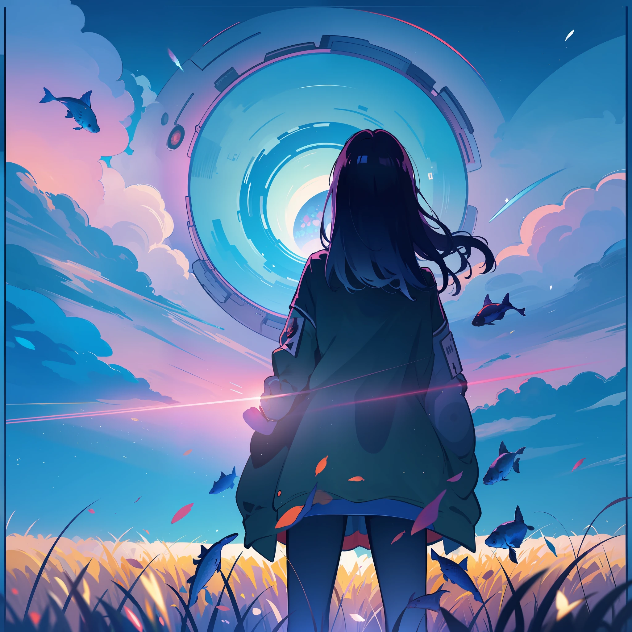 masterpiece,ultra realistic,32k,extremely detailed CG unity 8k wallpaper, best quality, ,wide shot, 1girl, from behind, silhouette, standing, (light particles), grass, space, night sky, (fish-eye lens), lofi color, neon color,