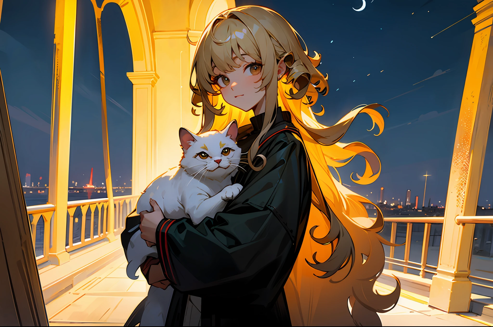 (Masterpiece:1.2), (Best quality:1.2), Night, (view the viewer), brightskin, exteriors, By bangs, long whitr hair, (curlies),holding animal