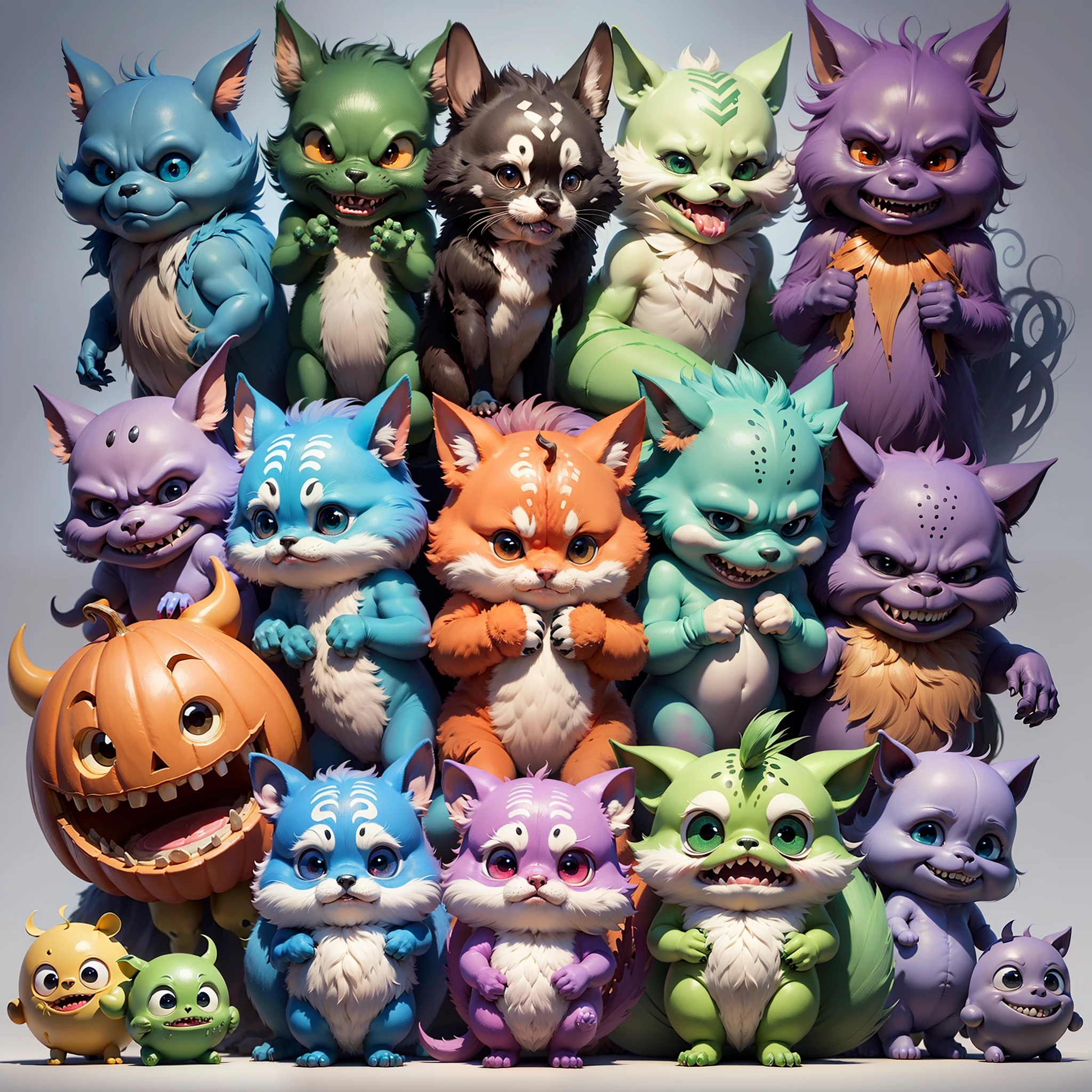 "Cute Monsters": A cute and whimsical illustration featuring friendly monsters in vibrant colors, with silly expressions and playful interactions, ideal for a light-hearted and ???-friendly Halloween, Ultra realism, color field printing, high detail, UHD, 8k, anatomically correct, cinematic lighting 4d quality --auto --s2