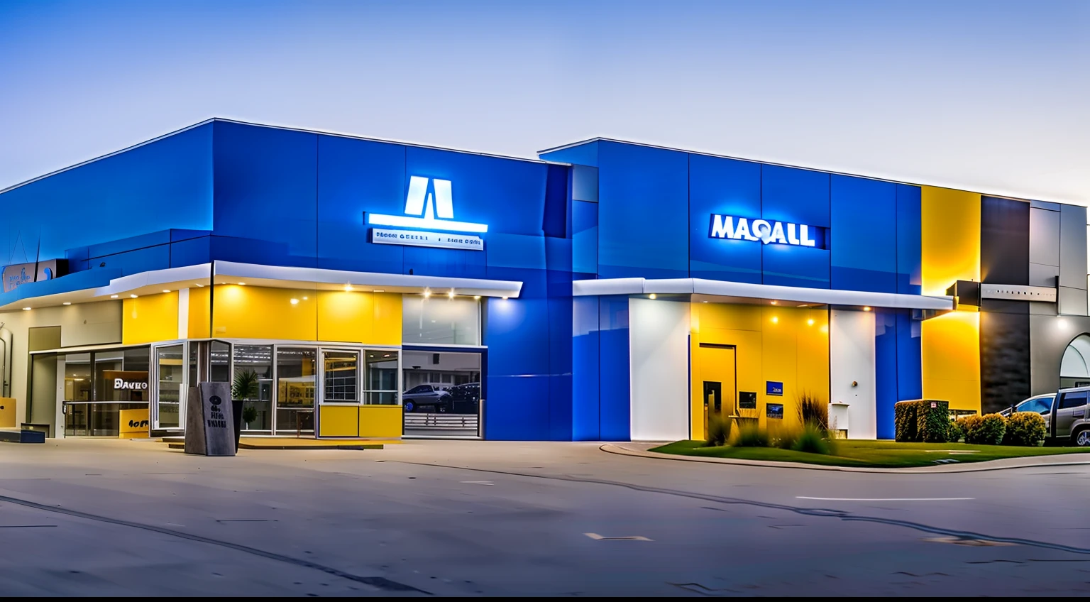 Facade of a Maquigeral Agro brand tractor dealership, with a large LED panel on the facade.
The building is colored blue, yellow and white and has a large iron gate in front.
The building is well lit and has a modern appearance. In front of the building there is a parking yard. The LED sign on the facade is very eye-catching and attracts the attention of people passing by on the highway. The Maquieral tractors parked in front of the building show the quality of the products they sell. --auto